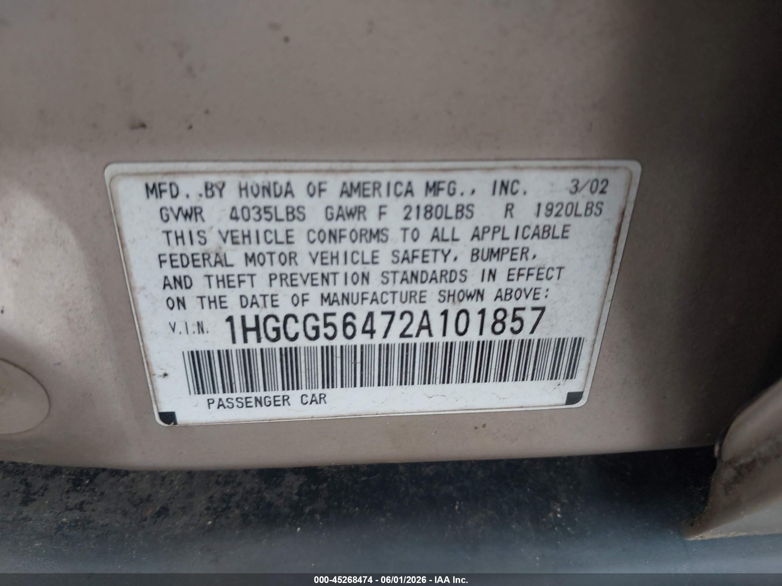 2002 Honda Accord 2.3 Lx Gold vin: 1HGCG56472A101857