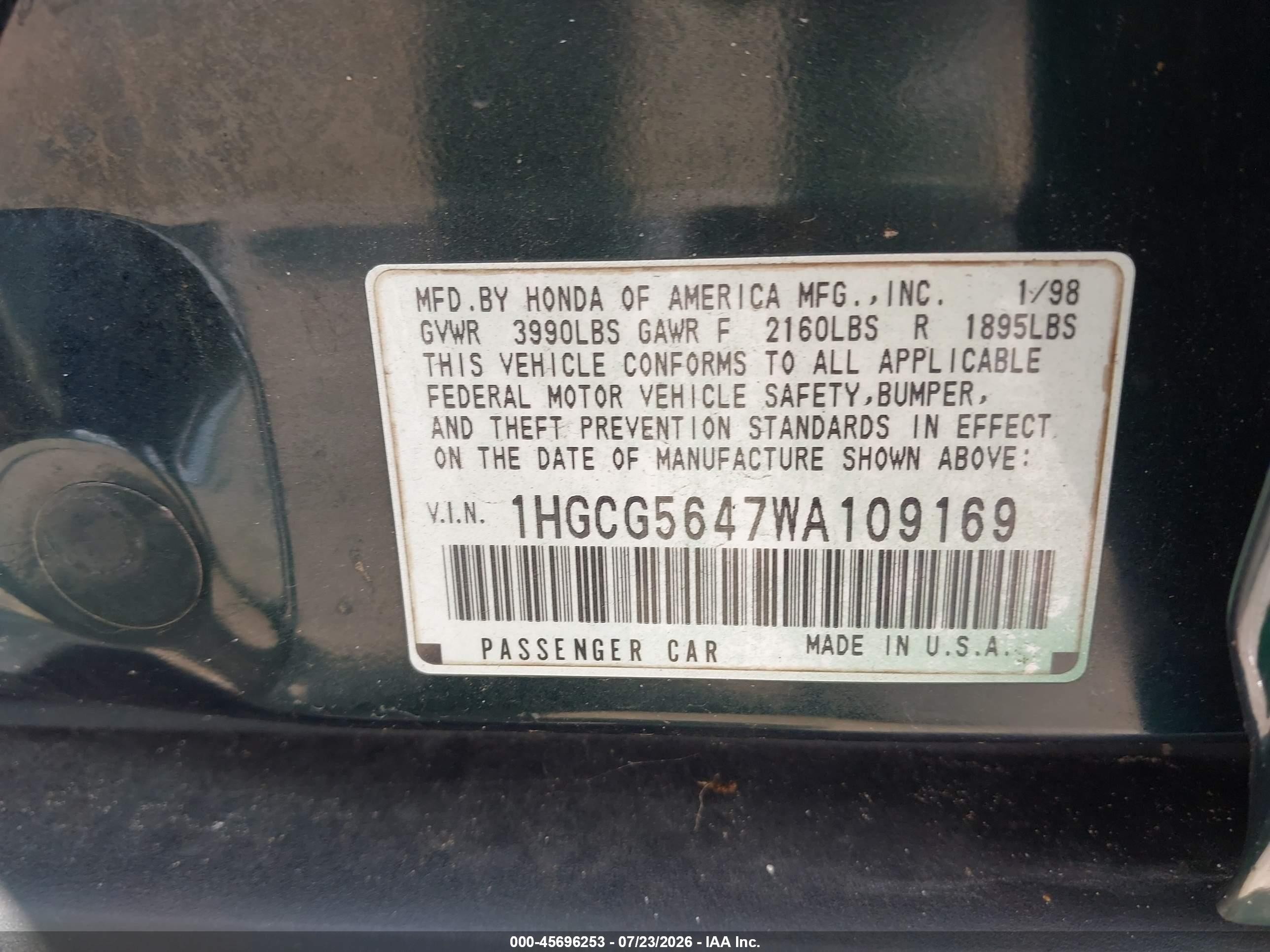 1998 Honda Accord Lx Зеленый vin: 1HGCG5647WA109169