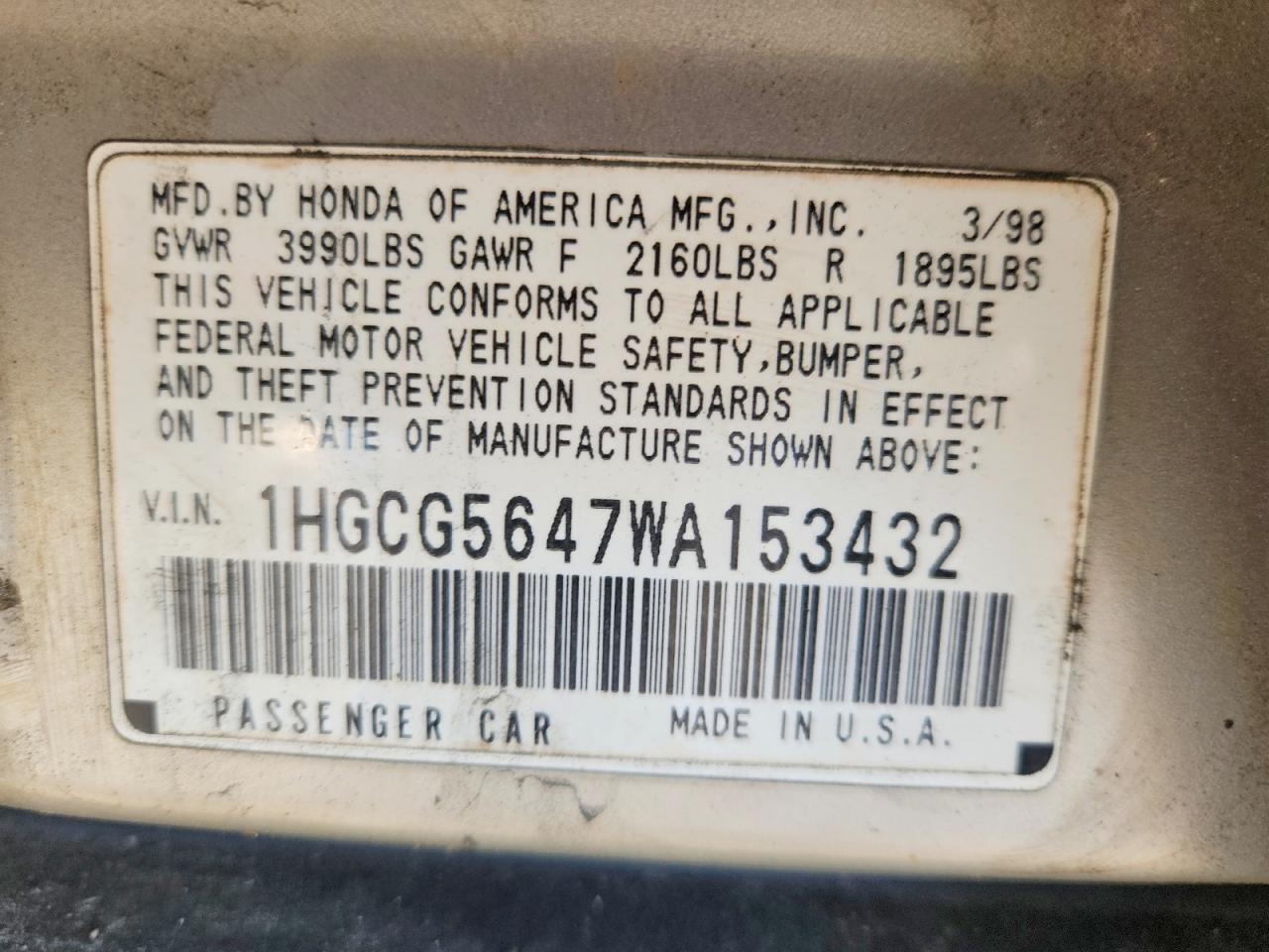 1998 Honda Accord Lx Silver vin: 1HGCG5647WA153432