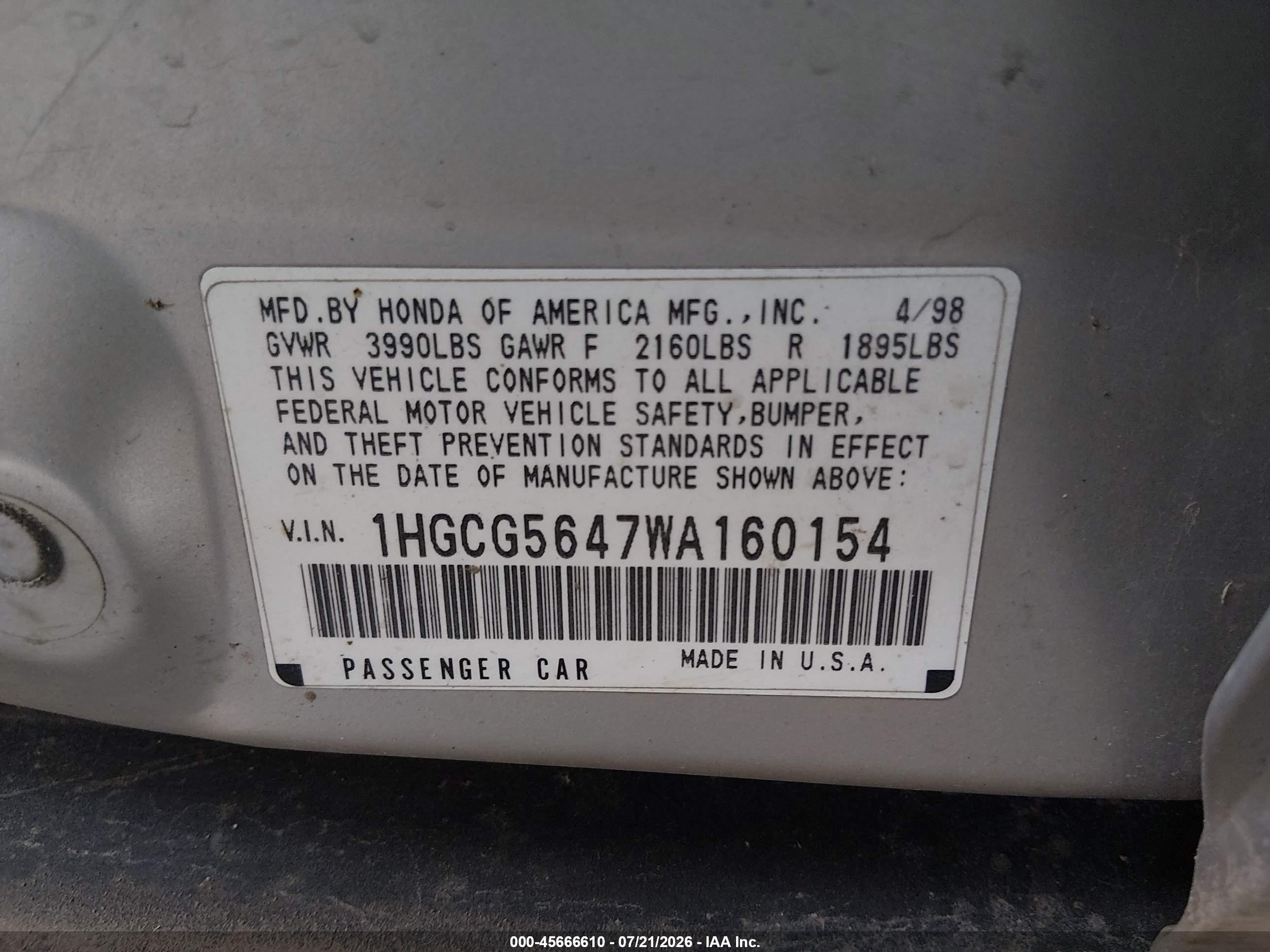 1998 Honda Accord Lx White vin: 1HGCG5647WA160154