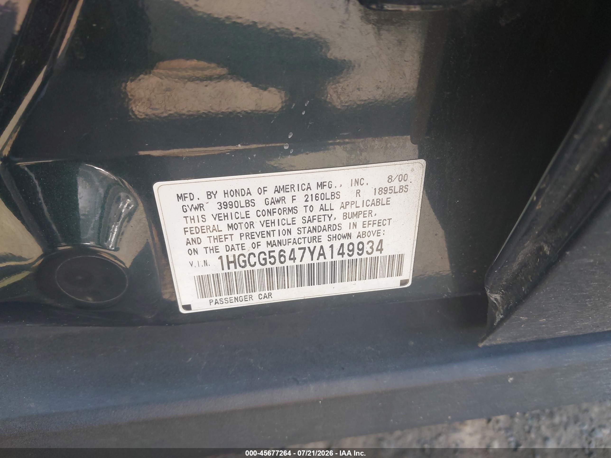 2000 Honda Accord 2.3 Lx Зеленый vin: 1HGCG5647YA149934