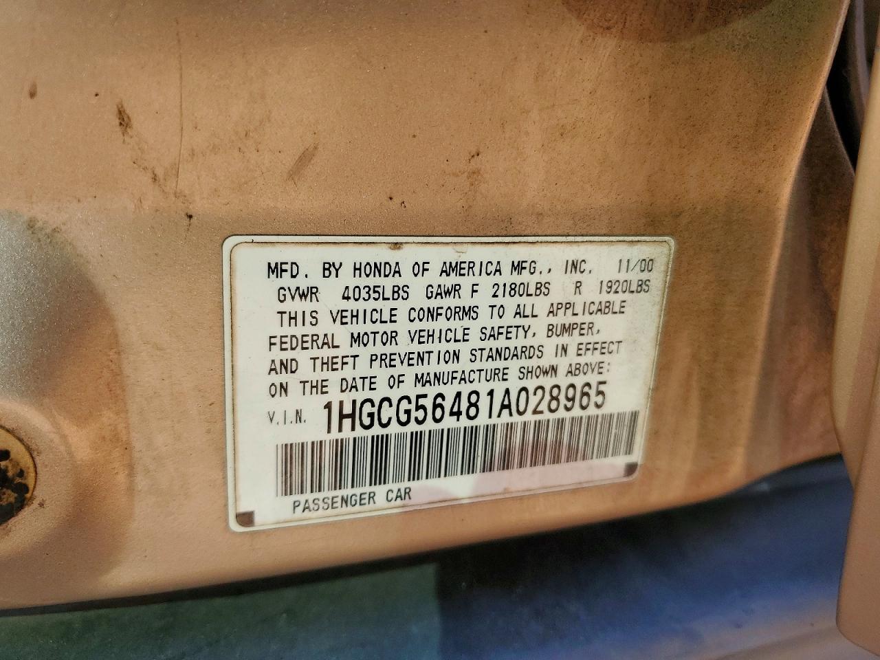 2001 Honda Accord Lx Gold vin: 1HGCG56481A028965