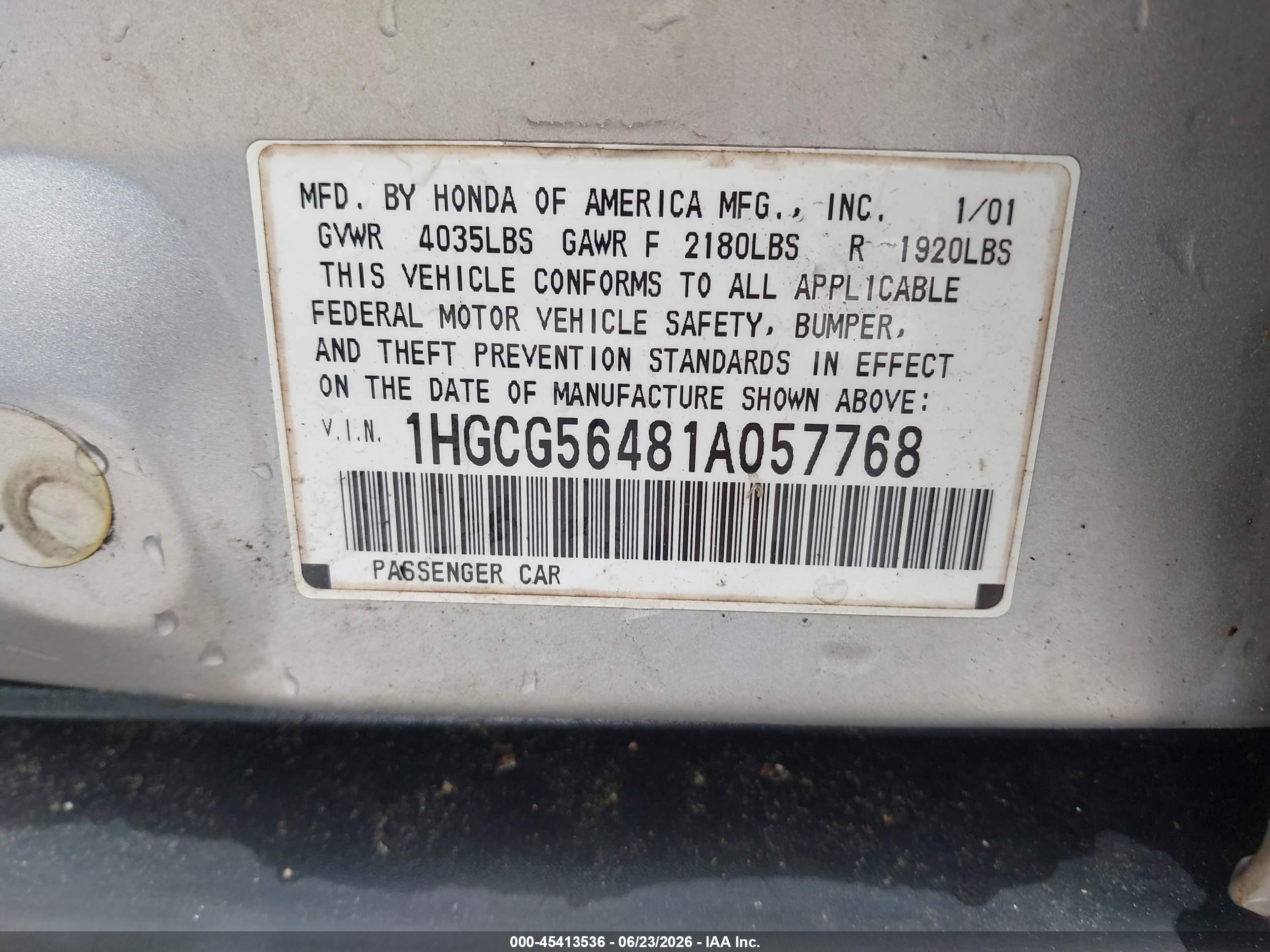 2001 Honda Accord 2.3 Lx Silver vin: 1HGCG56481A057768