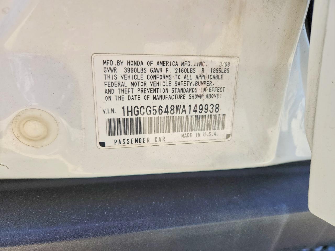 1998 Honda Accord Lx Белый vin: 1HGCG5648WA149938