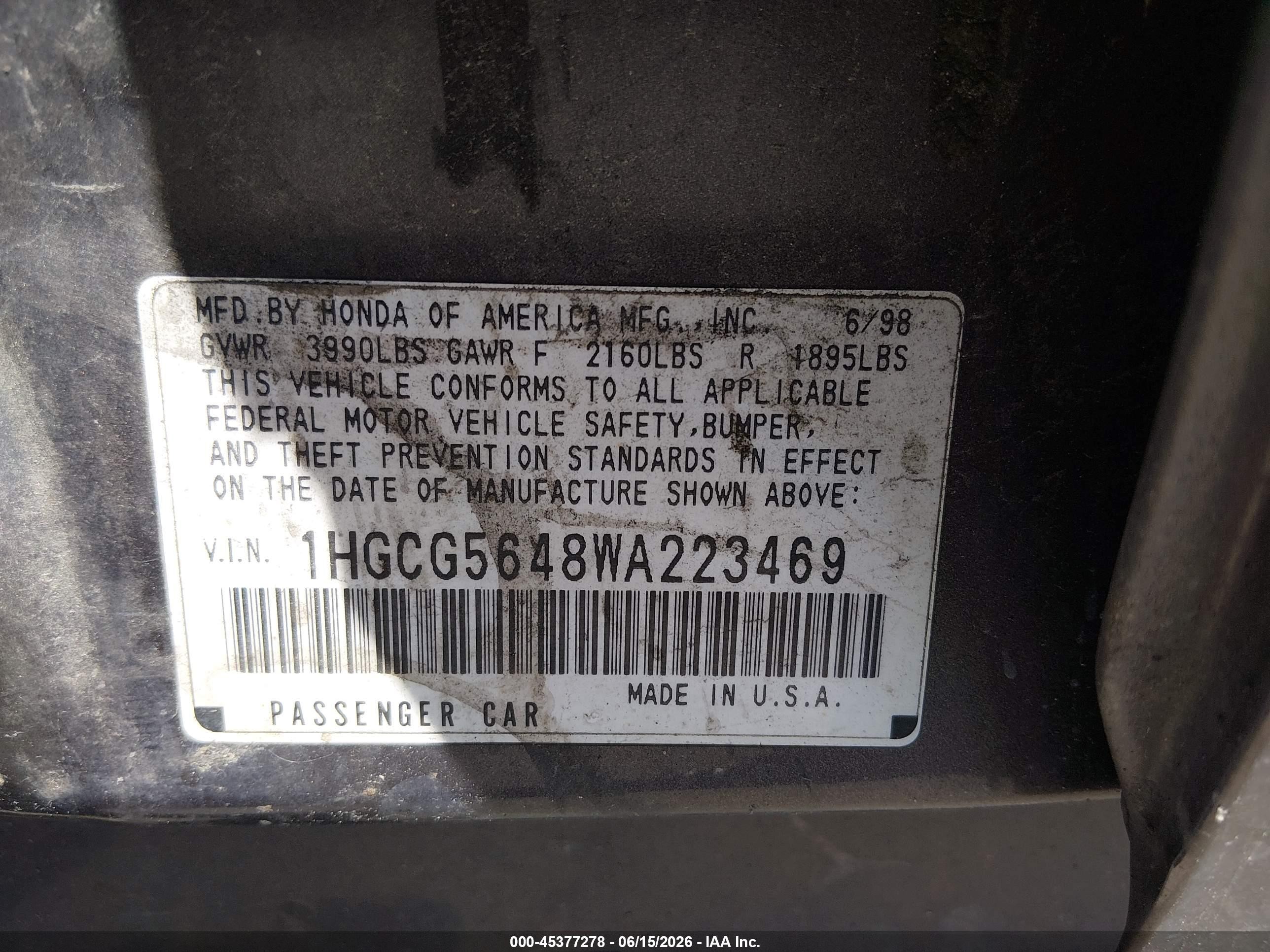 1998 Honda Accord Lx Gray vin: 1HGCG5648WA223469