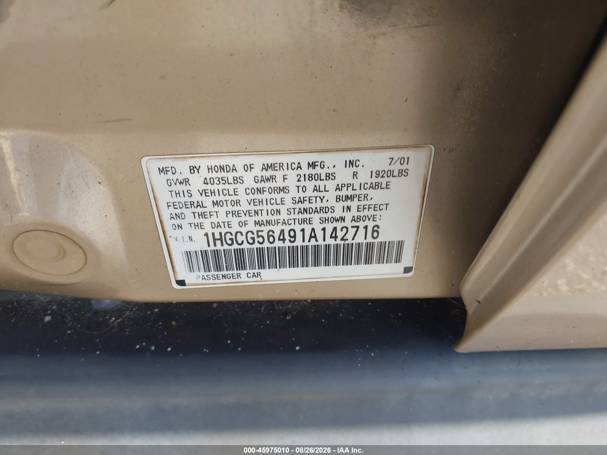 2001 Honda Accord 2.3 Lx Gold vin: 1HGCG56491A142716