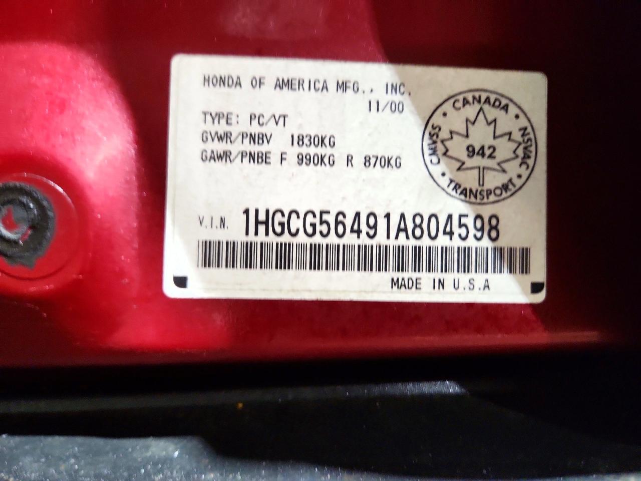 2001 Honda Accord Lx 4dr Красный vin: 1HGCG56491A804598