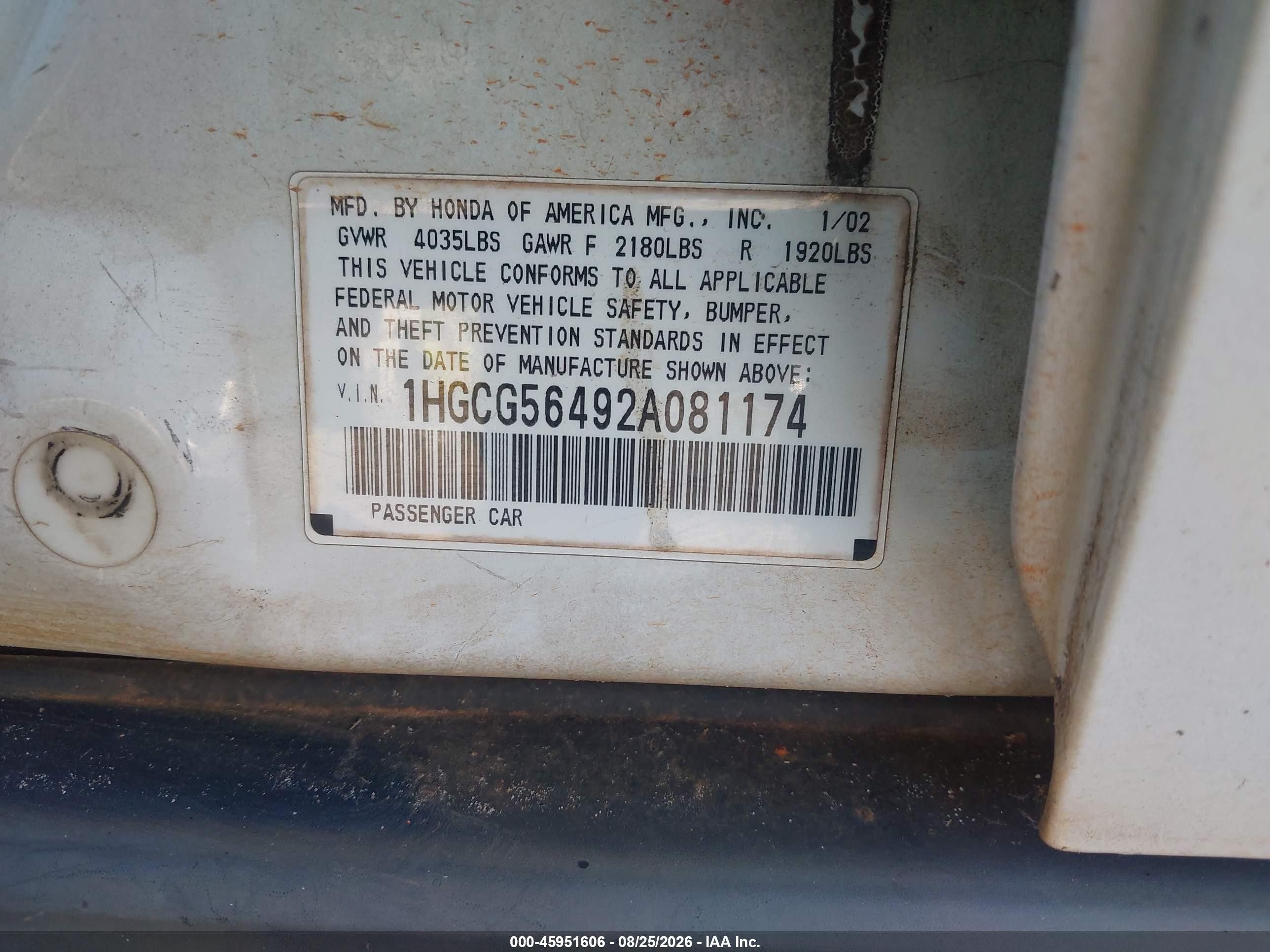 2002 Honda Accord 2.3 Lx Белый vin: 1HGCG56492A081174