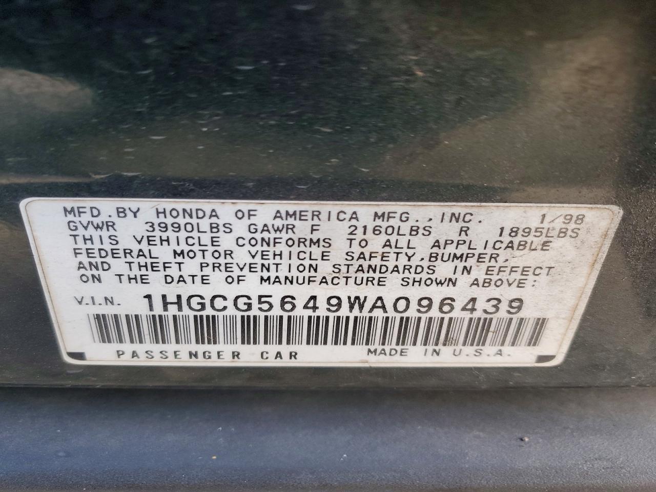 1998 Honda Accord Lx Green vin: 1HGCG5649WA096439