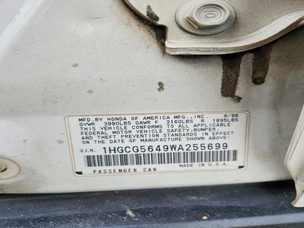 1998 Honda Accord Lx Белый vin: 1HGCG5649WA255699