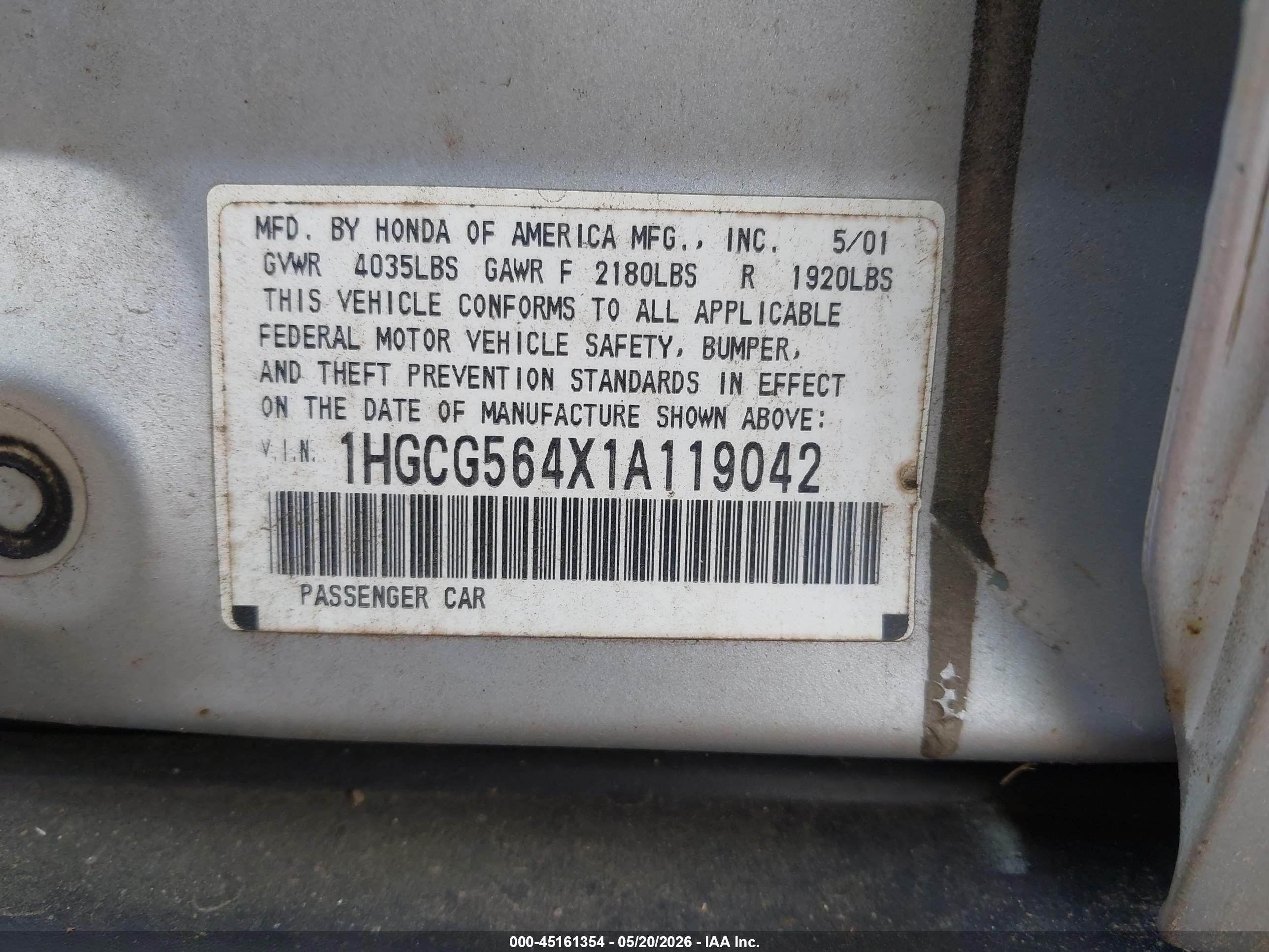 2001 Honda Accord 2.3 Lx Silver vin: 1HGCG564X1A119042