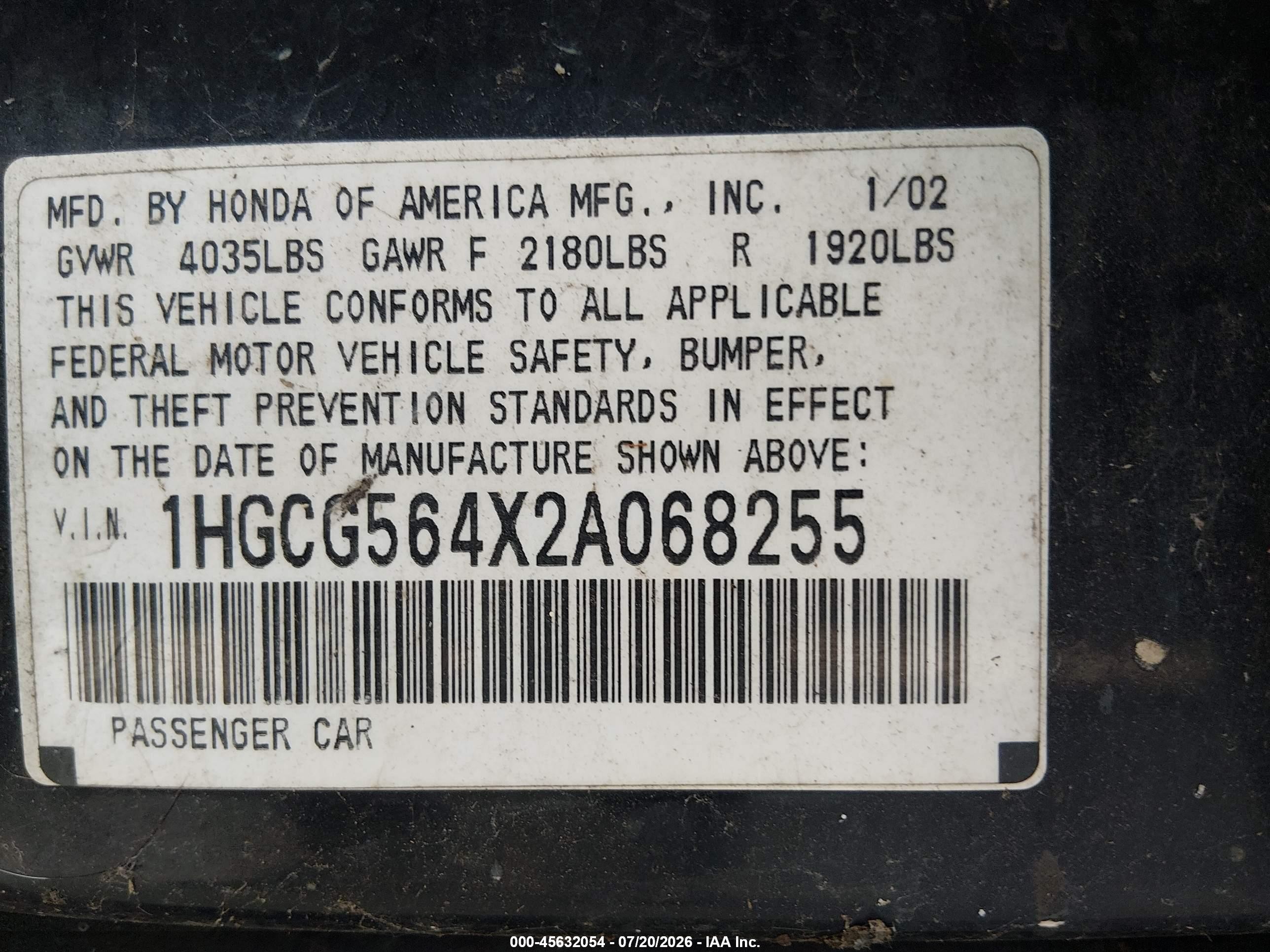 2002 Honda Accord Lx Black vin: 1HGCG564X2A068255