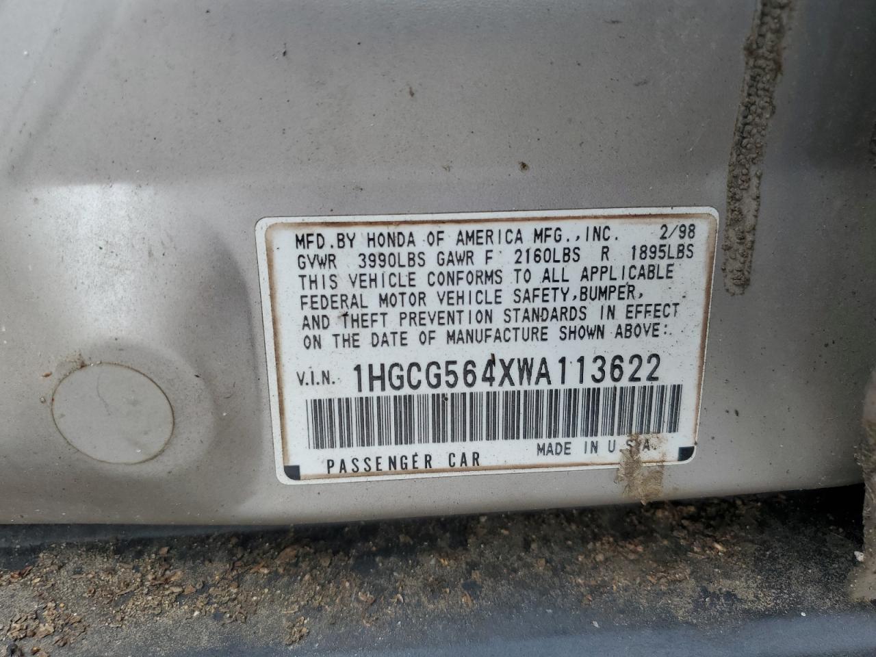 1998 Hond Accord Lx Cream vin: 1HGCG564XWA113622