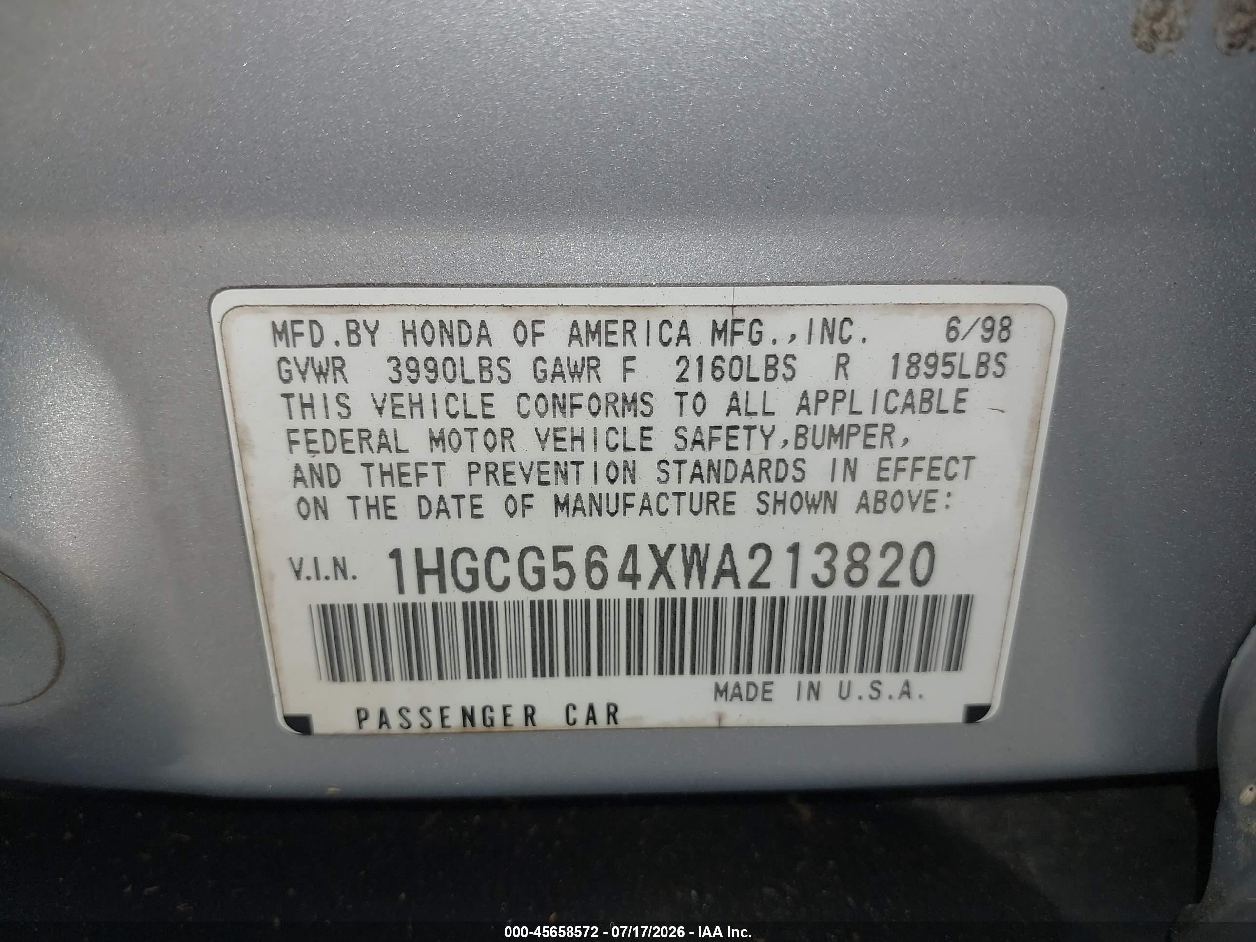 1998 Honda Accord Lx Silver vin: 1HGCG564XWA213820
