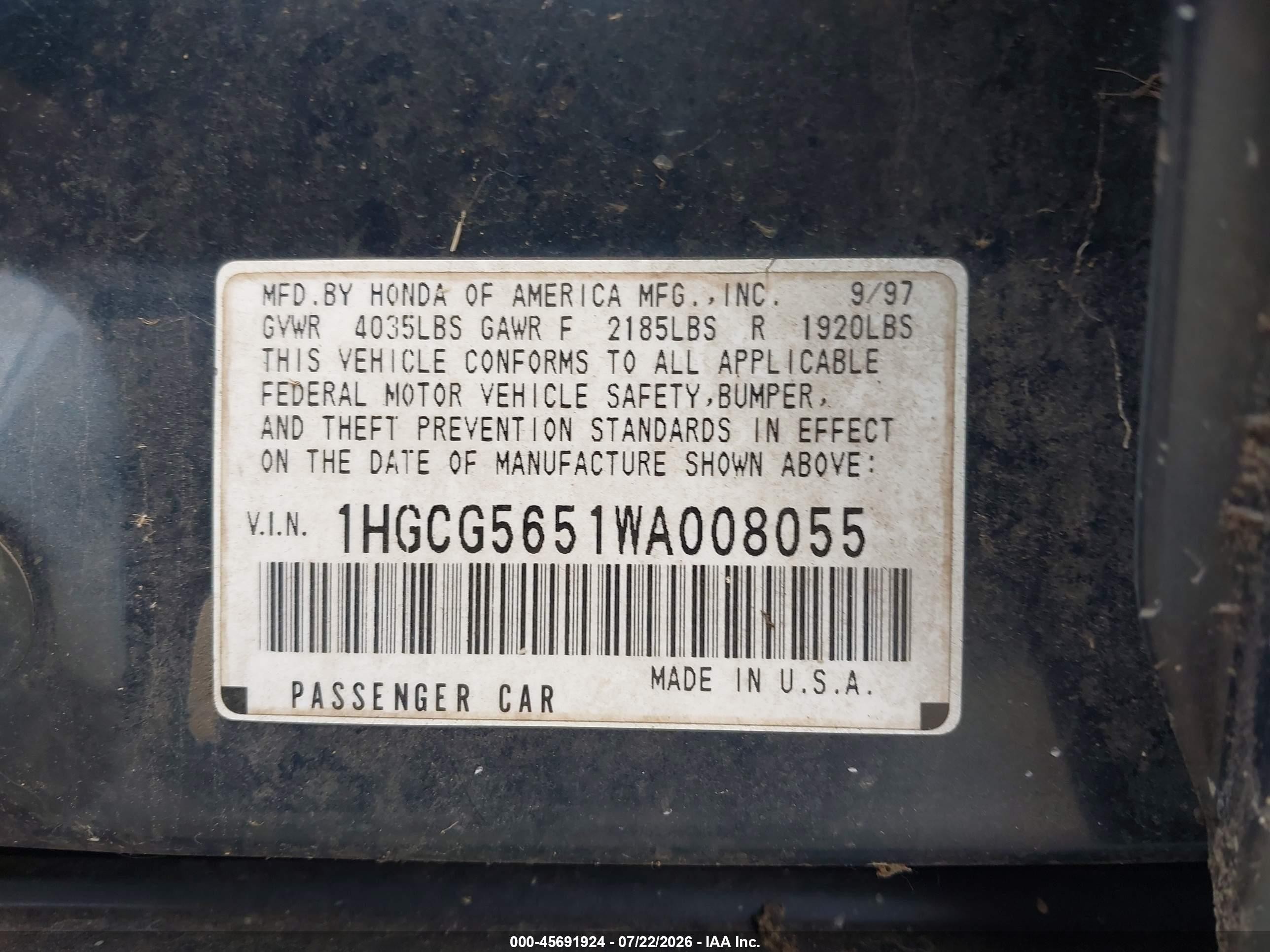 1998 Honda Accord Ex Dark Blue vin: 1HGCG5651WA008055