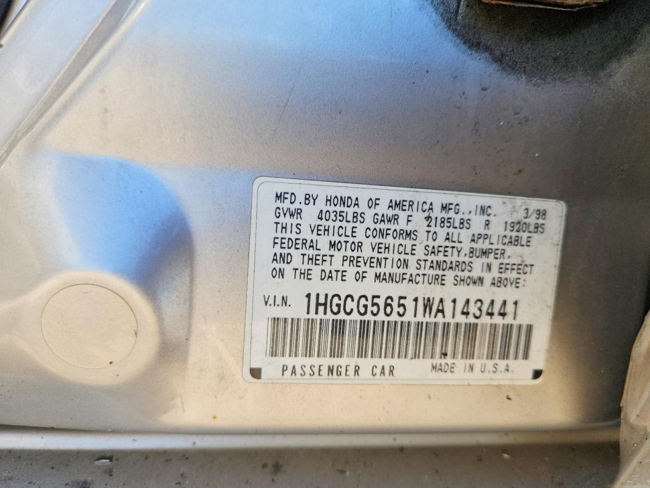 1998 Honda Accord Ex Серебряный vin: 1HGCG5651WA143441