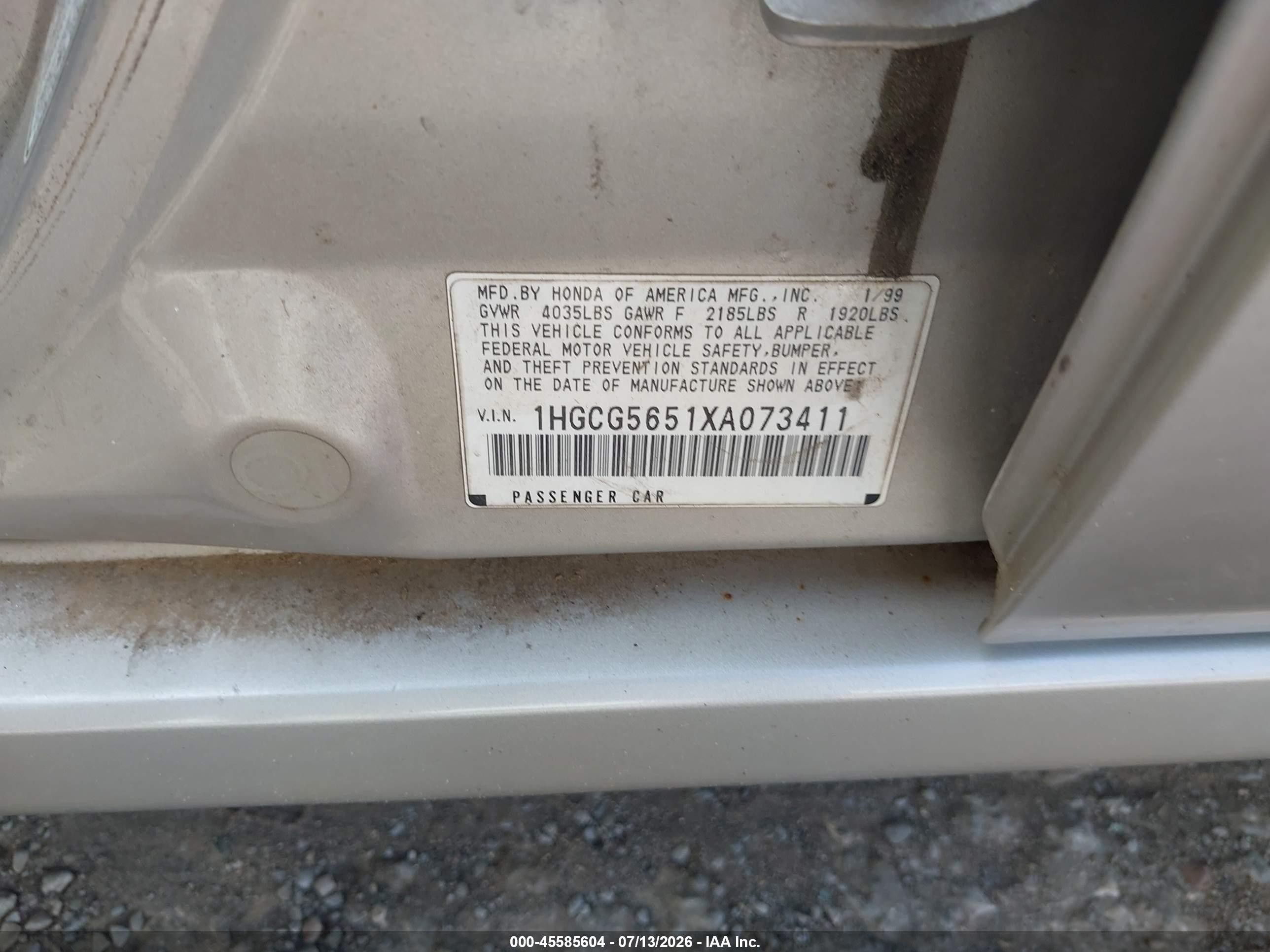 1999 Honda Accord Ex Tan vin: 1HGCG5651XA073411