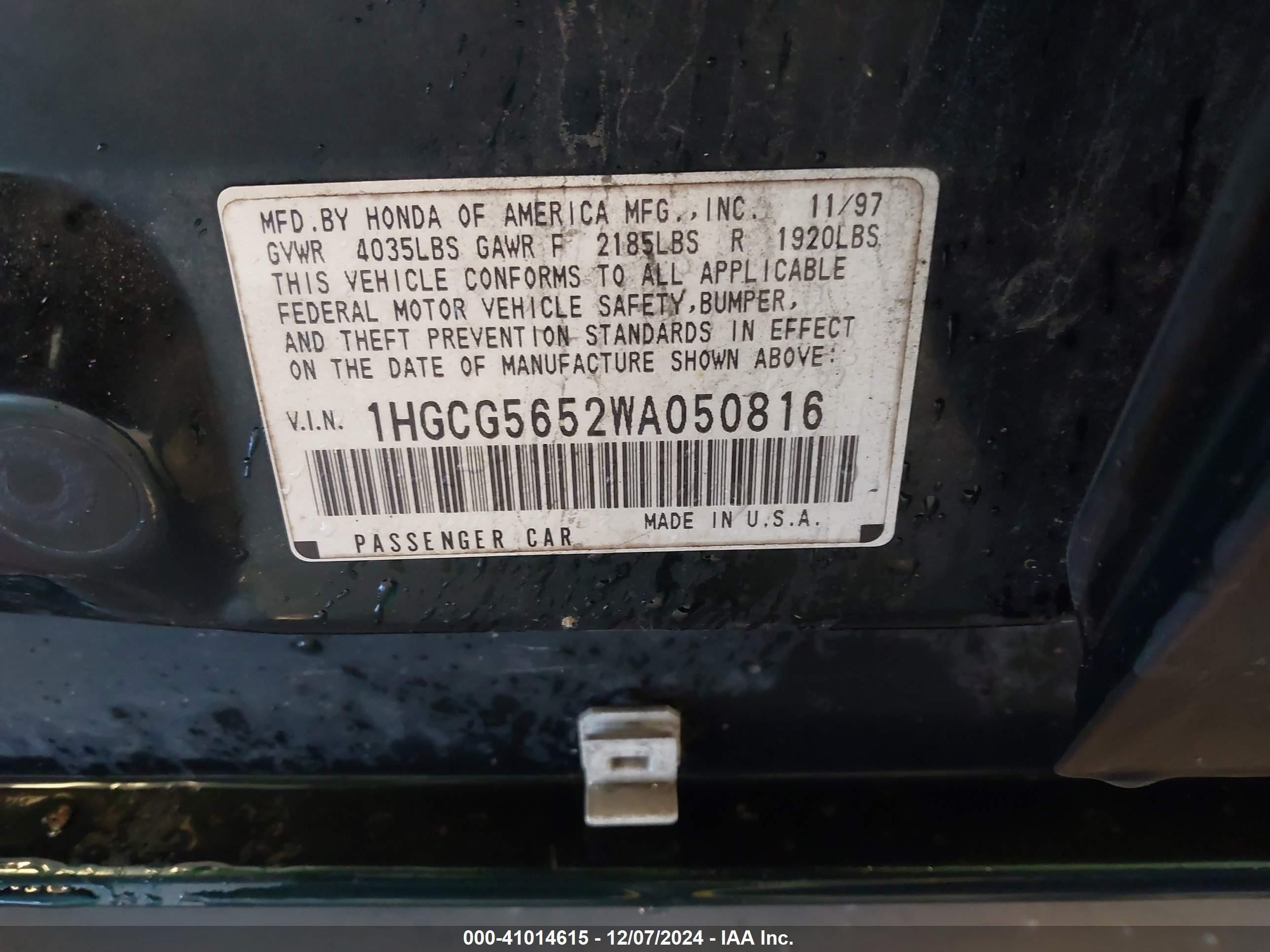 1998 Honda Accord Ex Green vin: 1HGCG5652WA050816