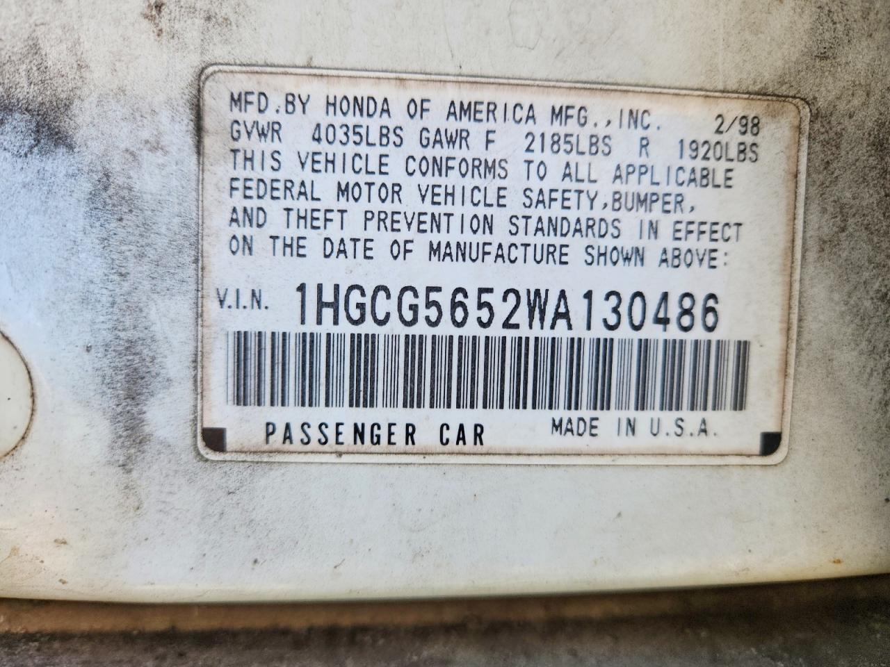 1998 Honda Accord Ex White vin: 1HGCG5652WA130486