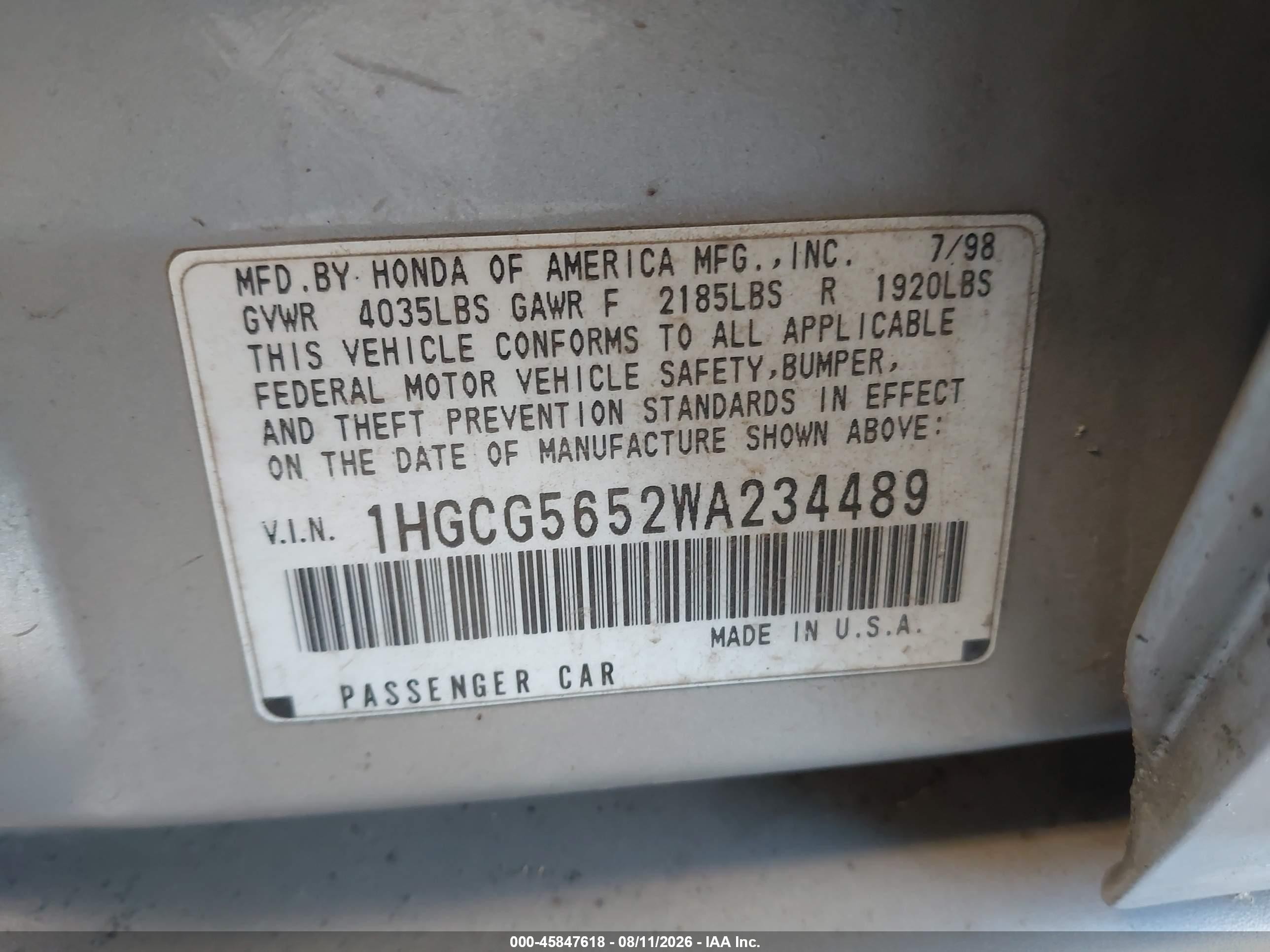 1998 Honda Accord Ex Silver vin: 1HGCG5652WA234489