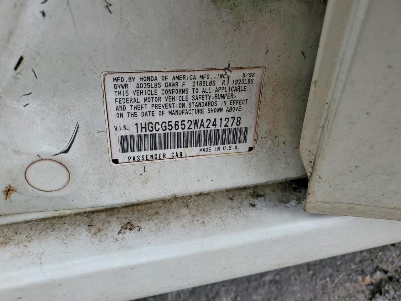 1998 Honda Accord Ex Белый vin: 1HGCG5652WA241278