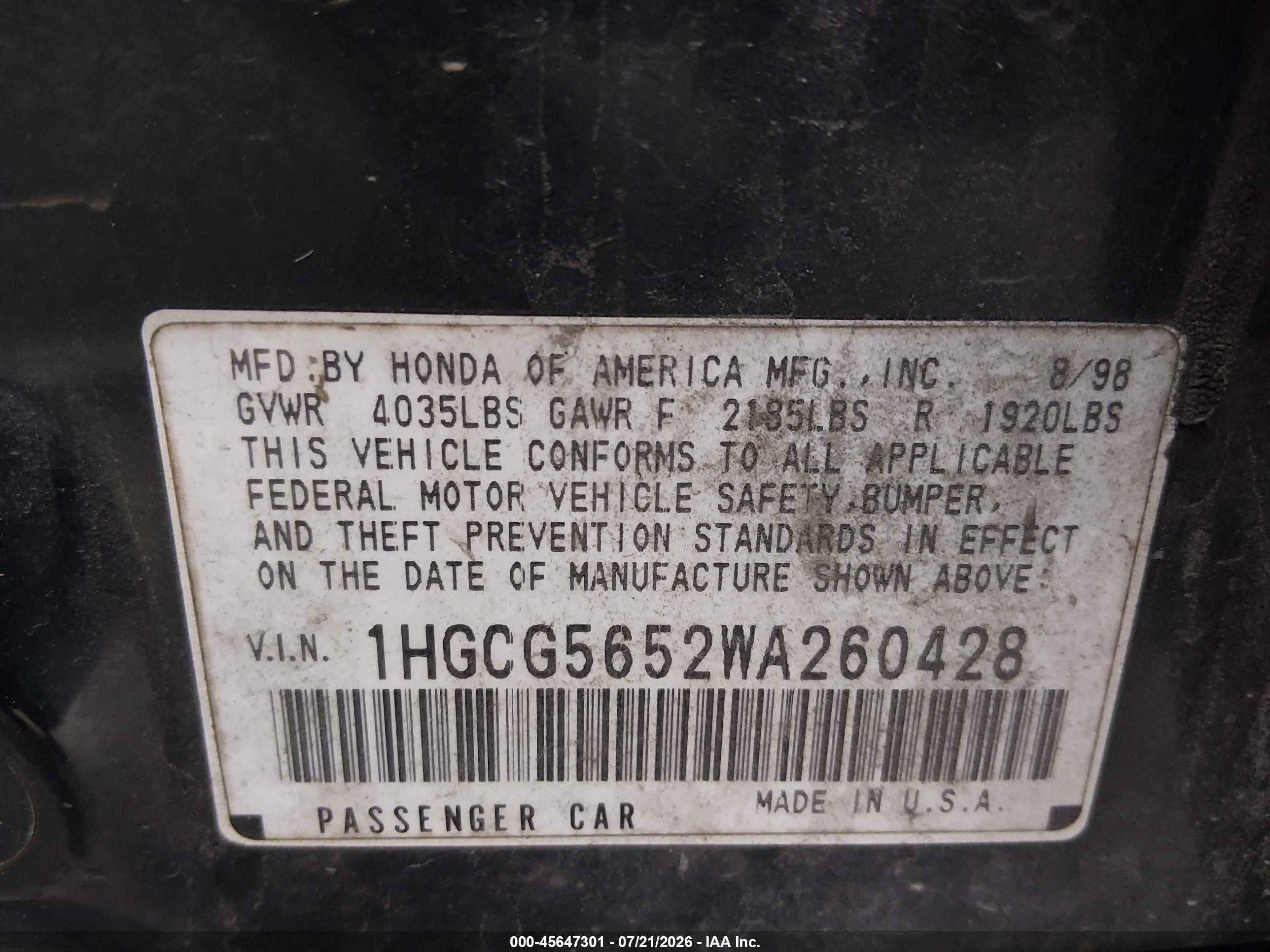 1998 Honda Accord Ex Green vin: 1HGCG5652WA260428