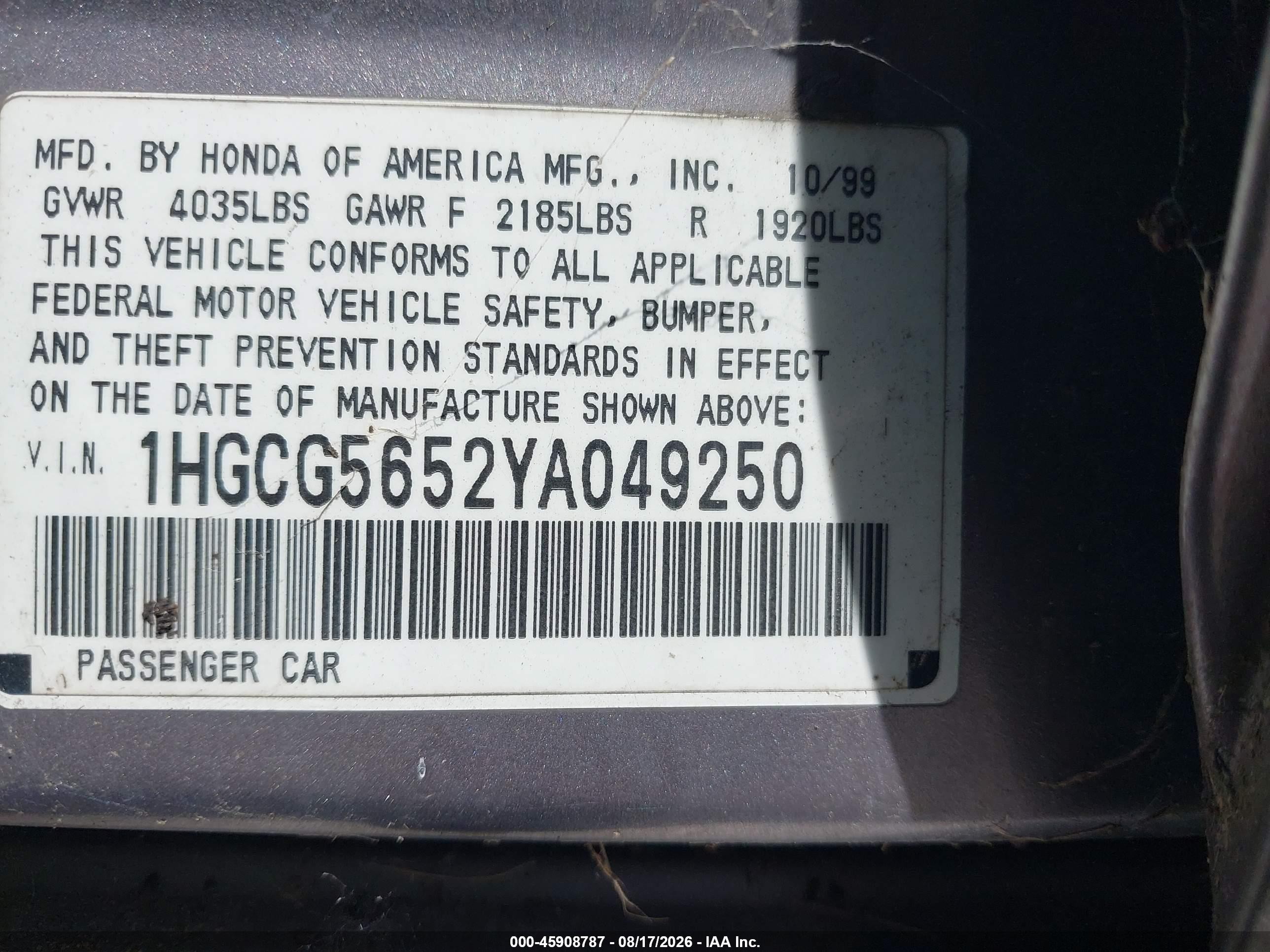 2000 Honda Accord 2.3 Ex Tan vin: 1HGCG5652YA049250
