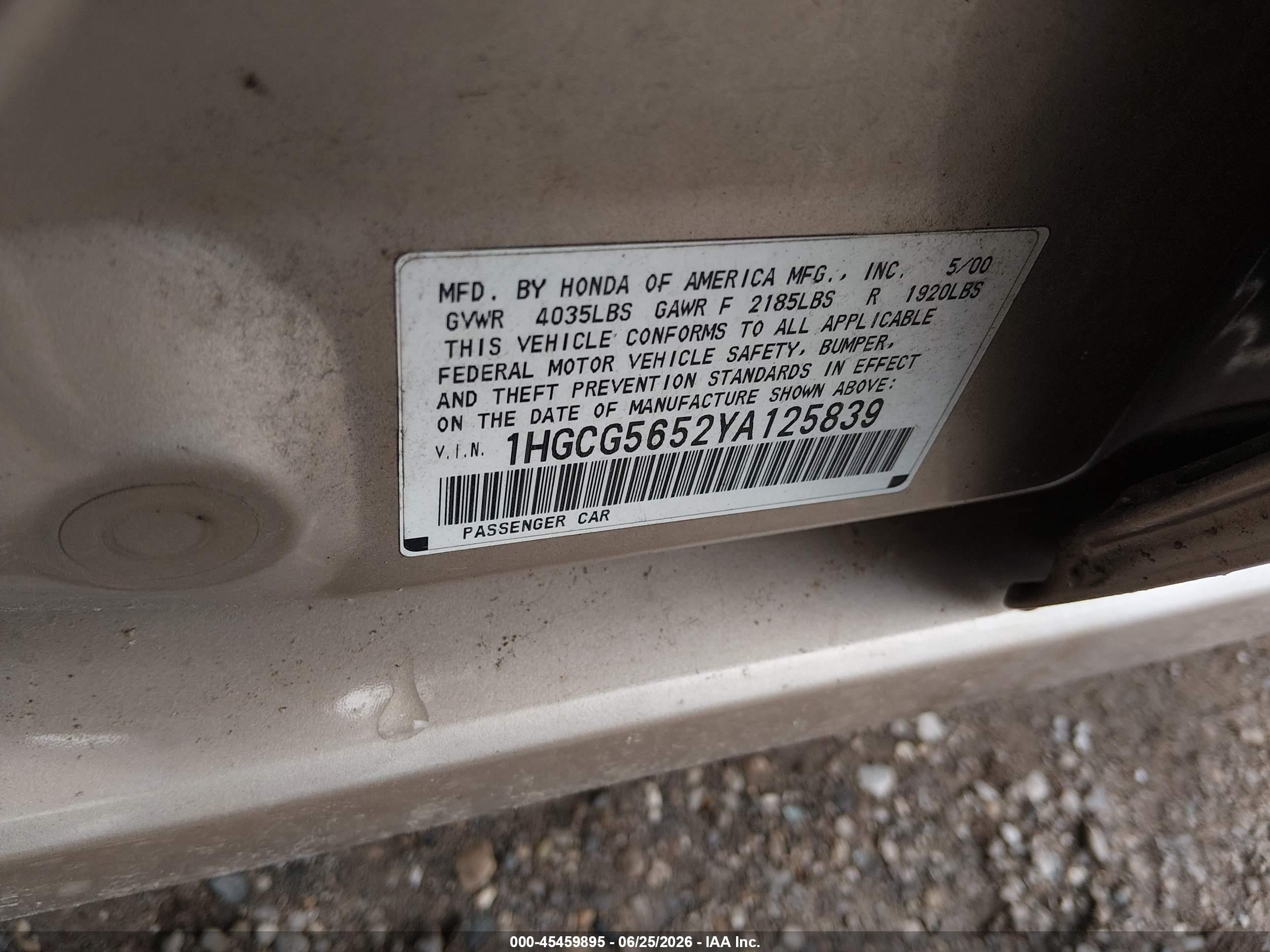 2000 Honda Accord 2.3 Ex Gold vin: 1HGCG5652YA125839