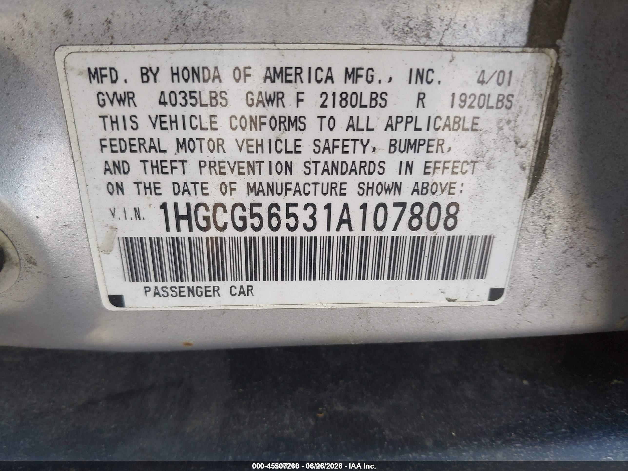 2001 Honda Accord 2.3 Lx Белый vin: 1HGCG56531A107808