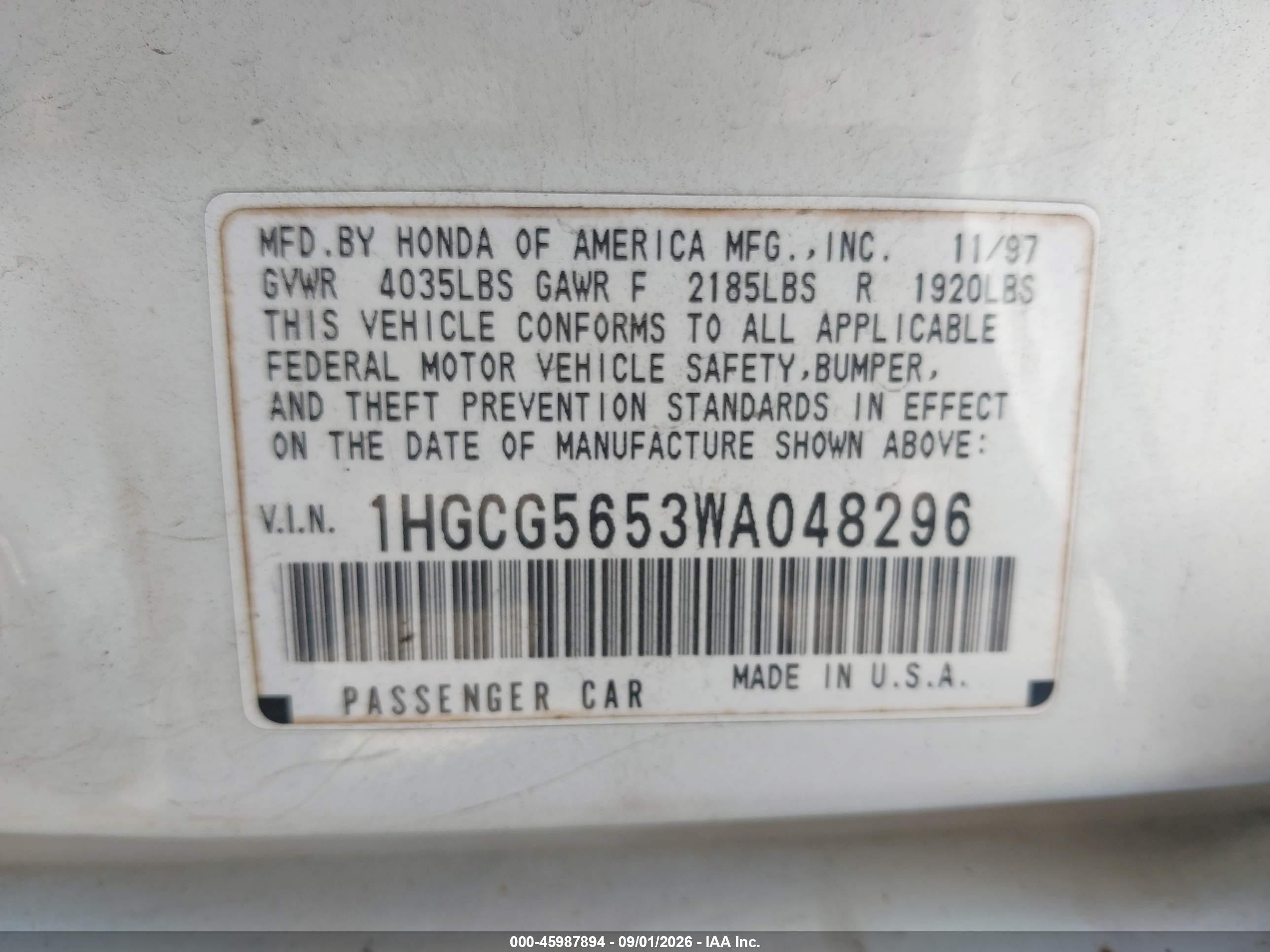 1998 Honda Accord Ex Белый vin: 1HGCG5653WA048296