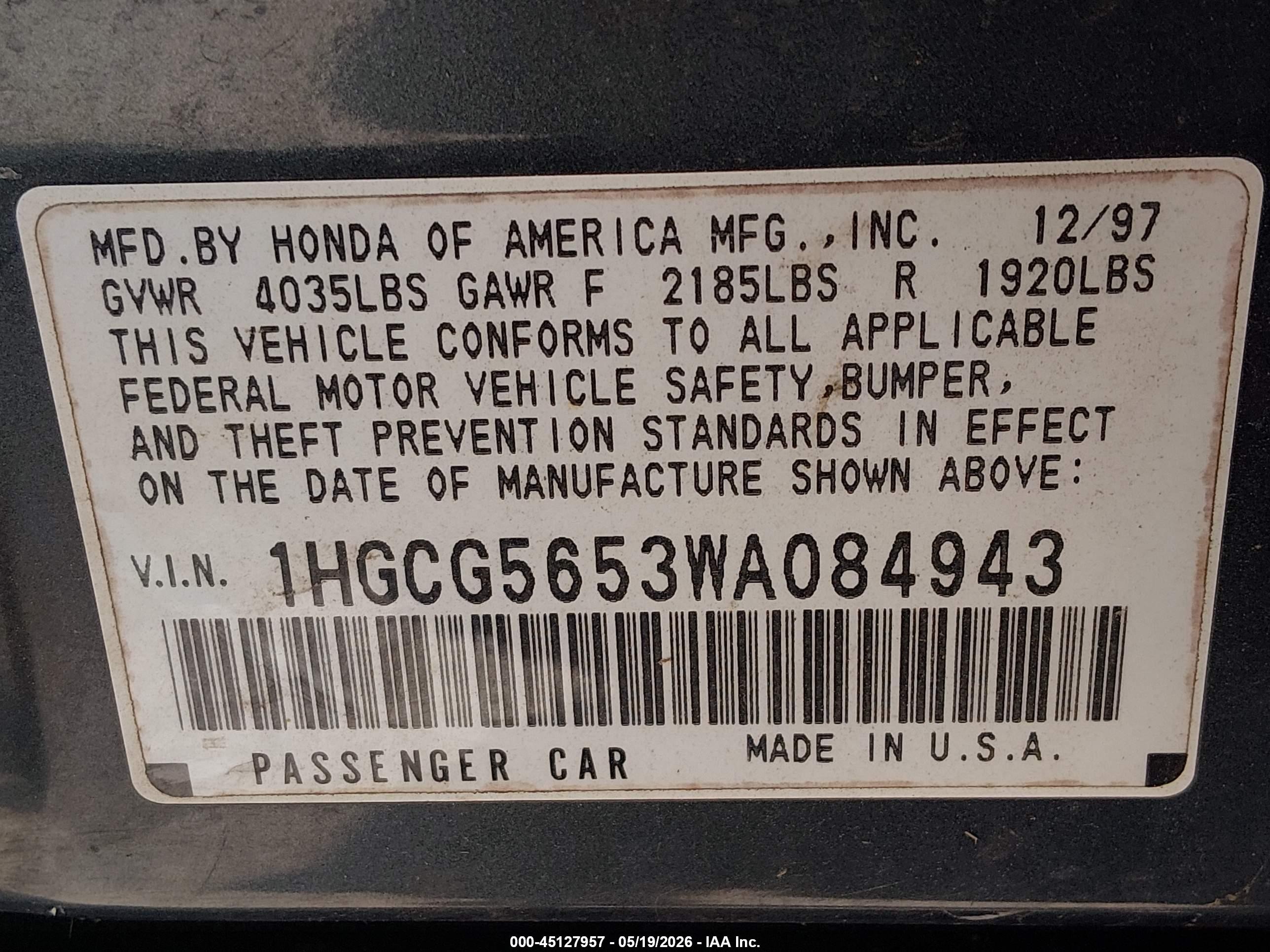 1998 Honda Accord Ex Silver vin: 1HGCG5653WA084943