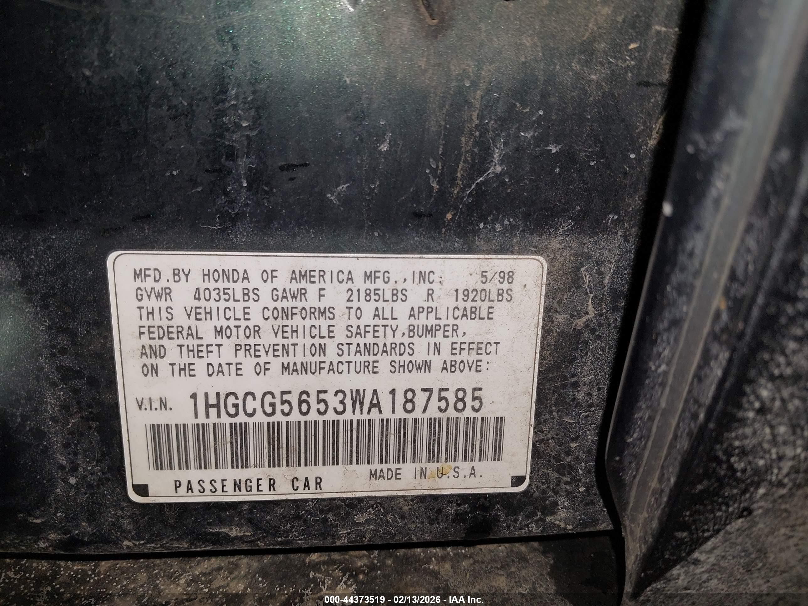 1998 Honda Accord Ex Green vin: 1HGCG5653WA187585