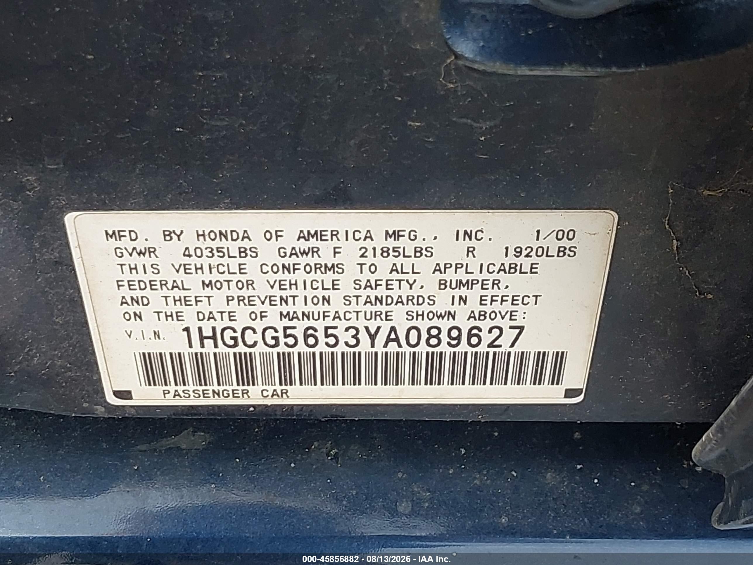 2000 Honda Accord 2.3 Ex Blue vin: 1HGCG5653YA089627