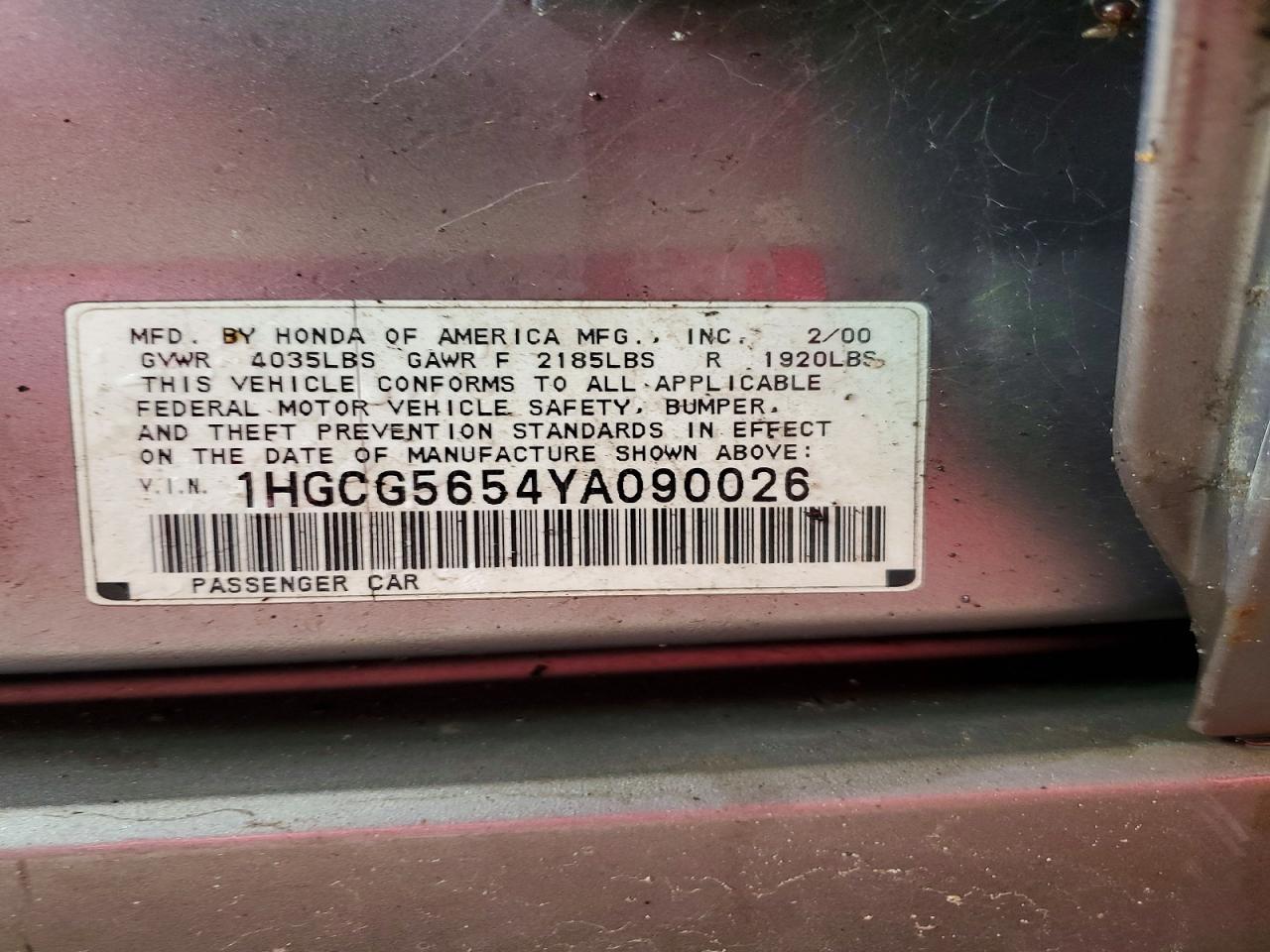 2000 Honda Accord Ex Gray vin: 1HGCG5654YA090026