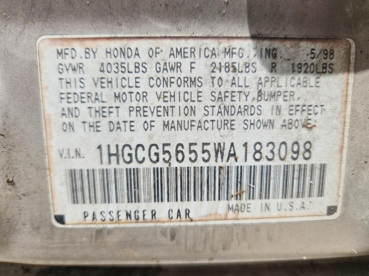 1998 Honda Accord Ex Silver vin: 1HGCG5655WA183098