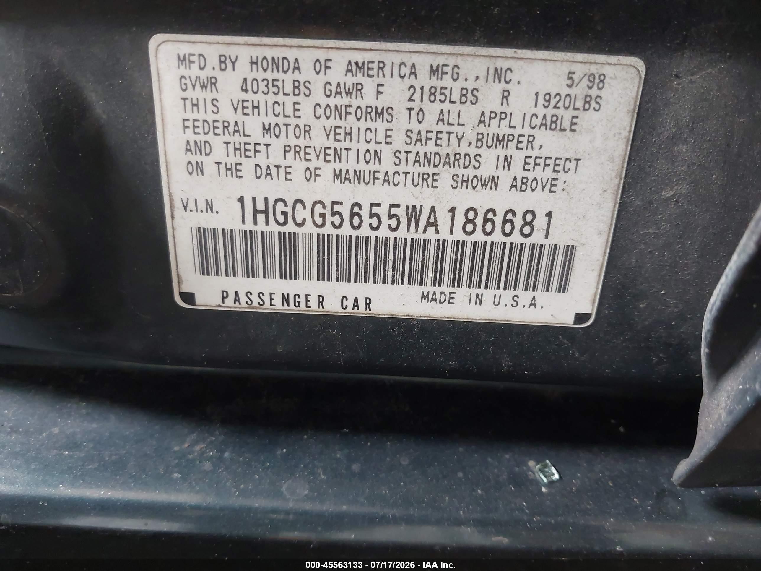 1998 Honda Accord Ex Green vin: 1HGCG5655WA186681