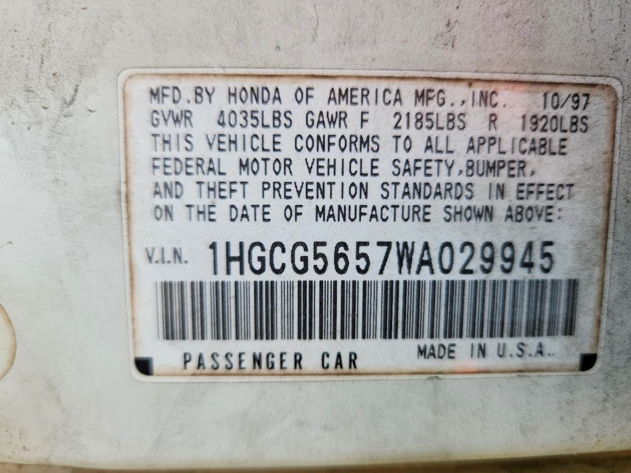 1998 Honda Accord Ex White vin: 1HGCG5657WA029945