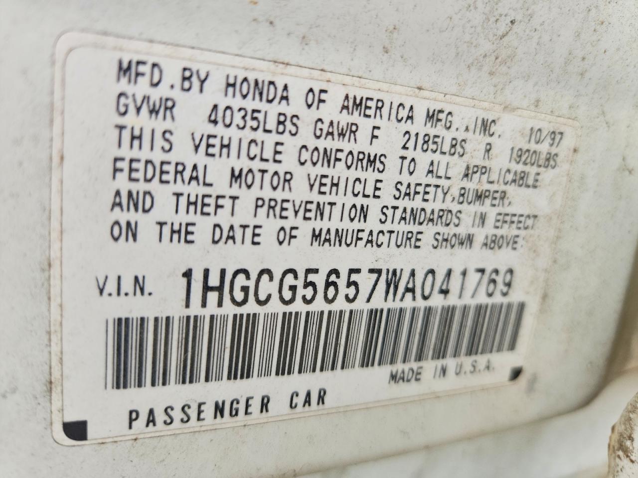 1998 Honda Accord Ex White vin: 1HGCG5657WA041769