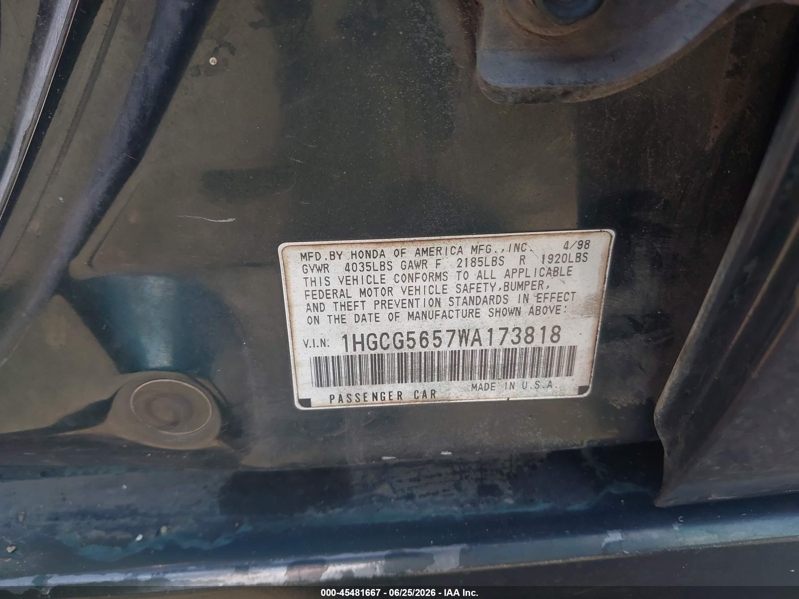 1998 Honda Accord Ex Blue vin: 1HGCG5657WA173818