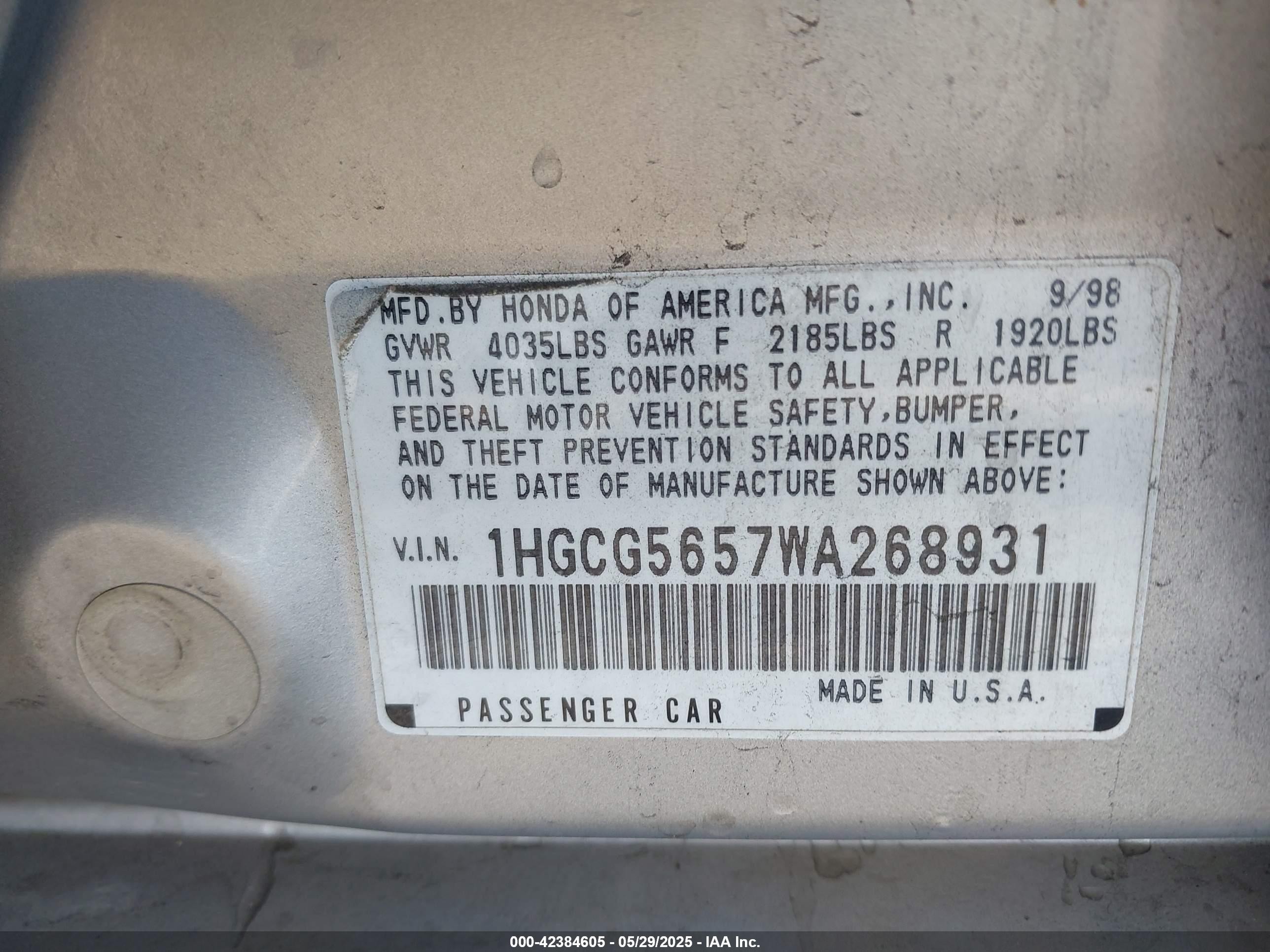 1998 Honda Accord Ex Silver vin: 1HGCG5657WA268931