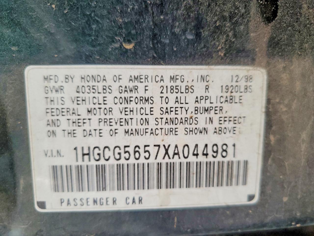 1999 Honda Accord Ex Green vin: 1HGCG5657XA044981