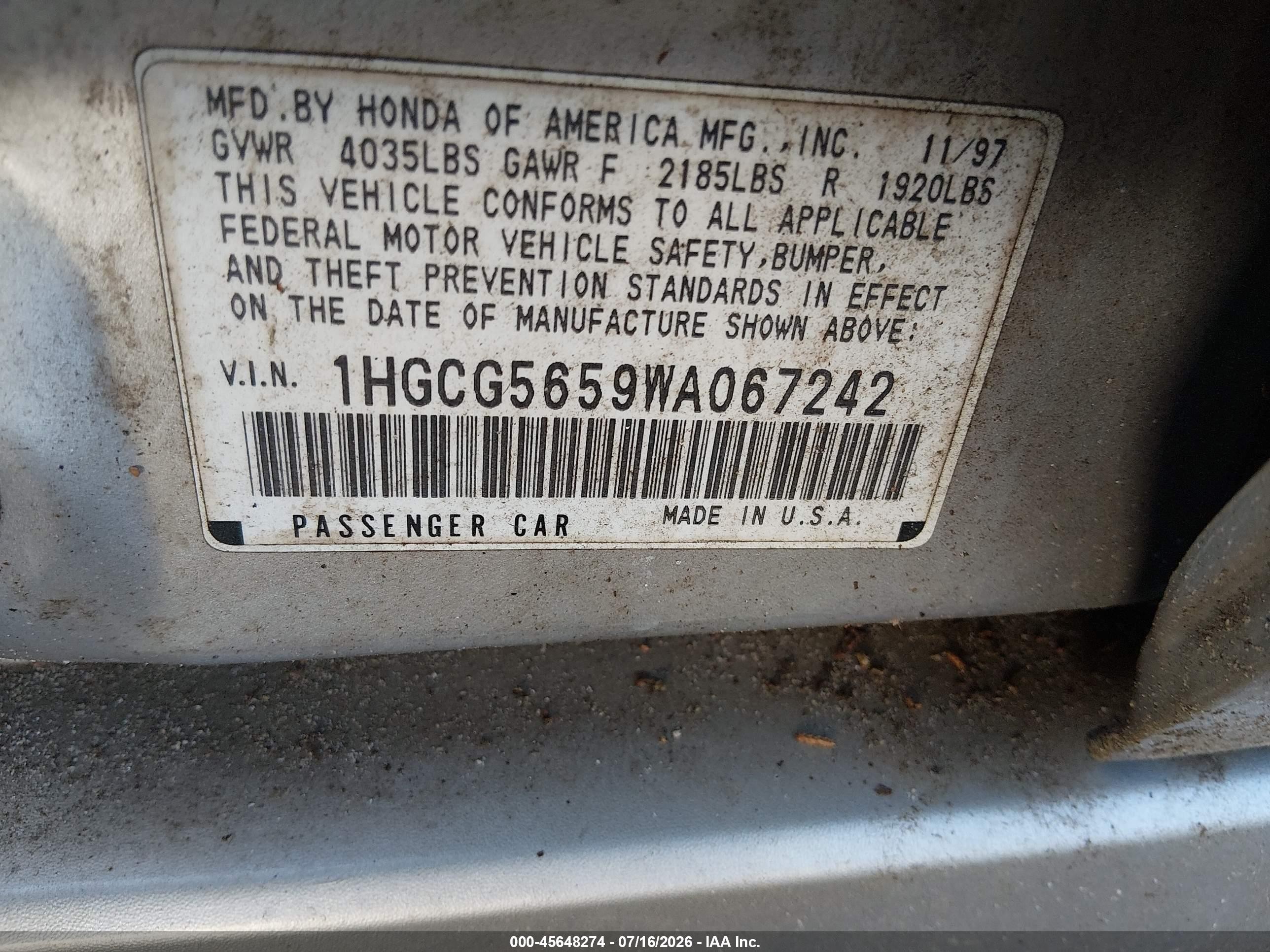 1998 Honda Accord Ex Gray vin: 1HGCG5659WA067242