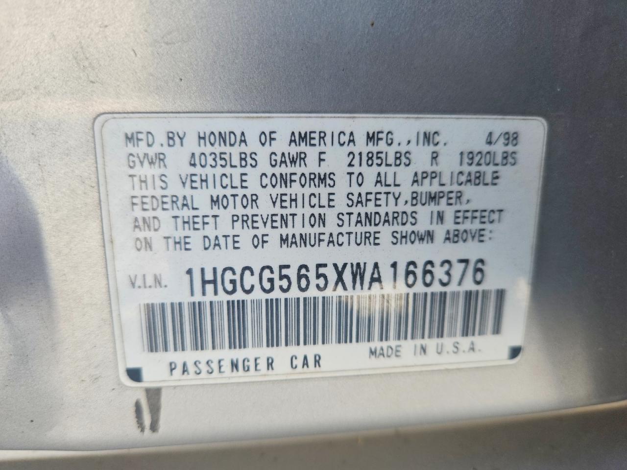 1998 Honda Accord Ex Silver vin: 1HGCG565XWA166376