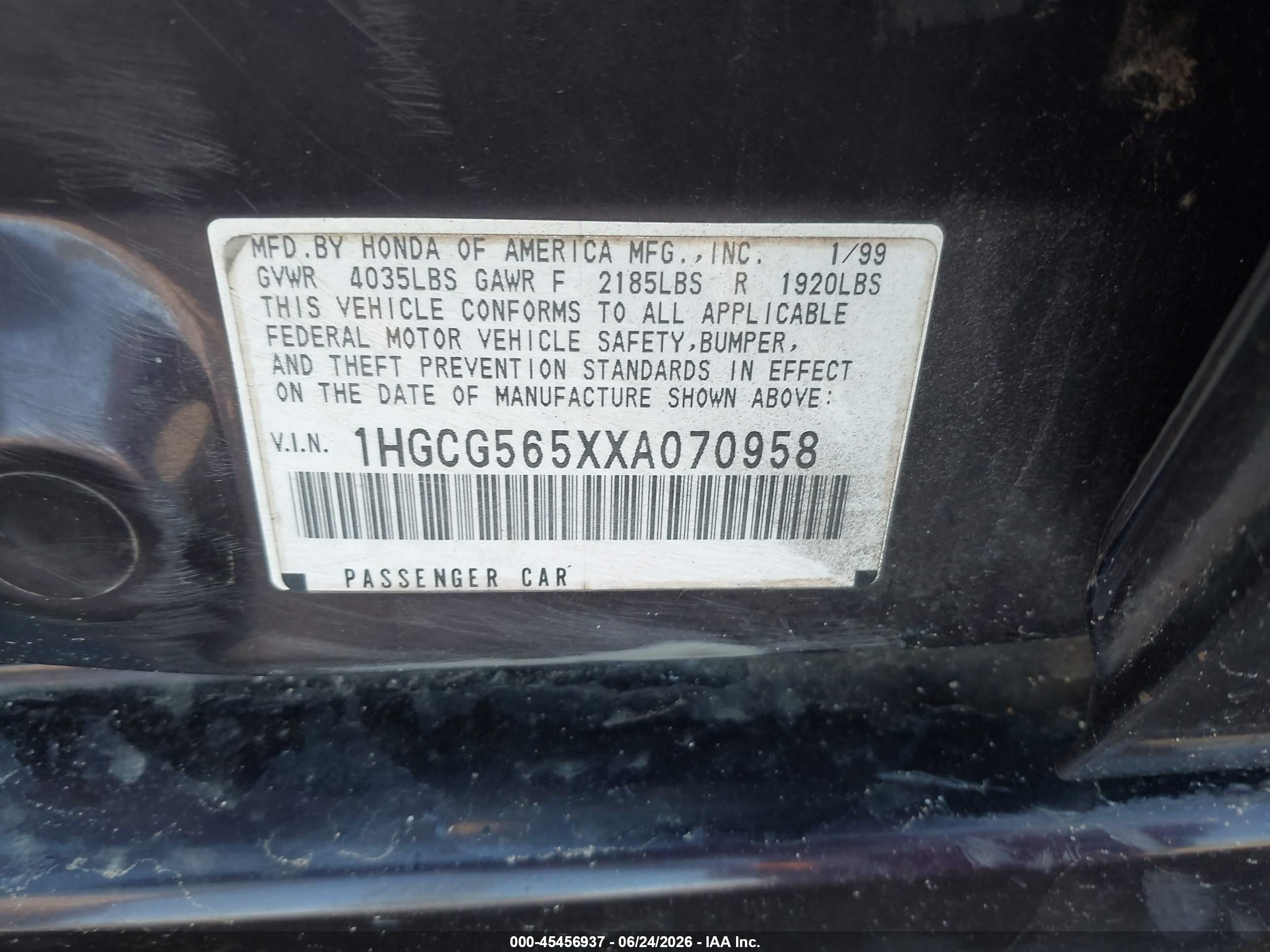 1999 Honda Accord Ex Фиолетовый vin: 1HGCG565XXA070958