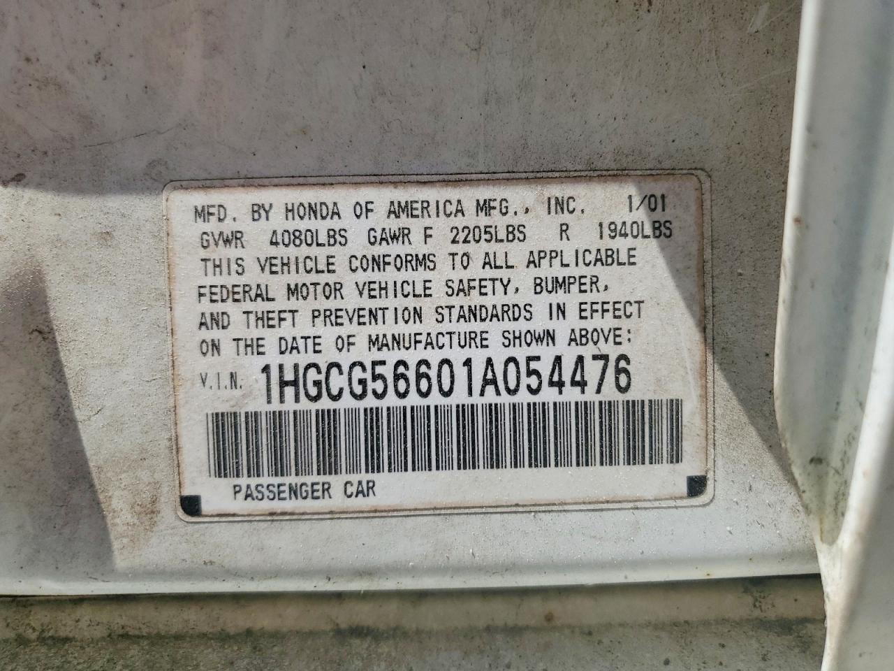 2001 Honda Accord Ex White vin: 1HGCG56601A054476