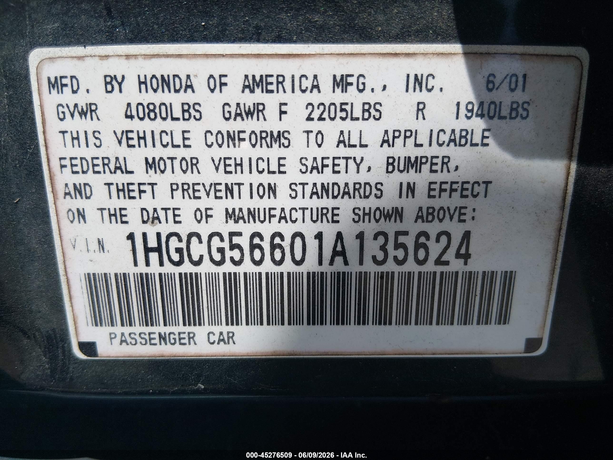 2001 Honda Accord 2.3 Ex Green vin: 1HGCG56601A135624