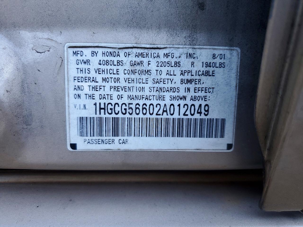 2002 Honda Accord Ex Gold vin: 1HGCG56602A012049