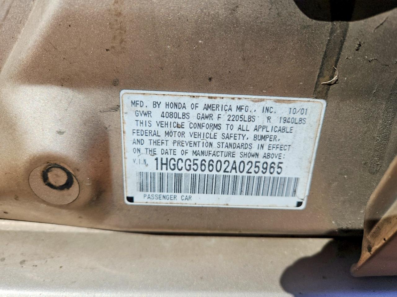 2002 Honda Accord Ex Gold vin: 1HGCG56602A025965