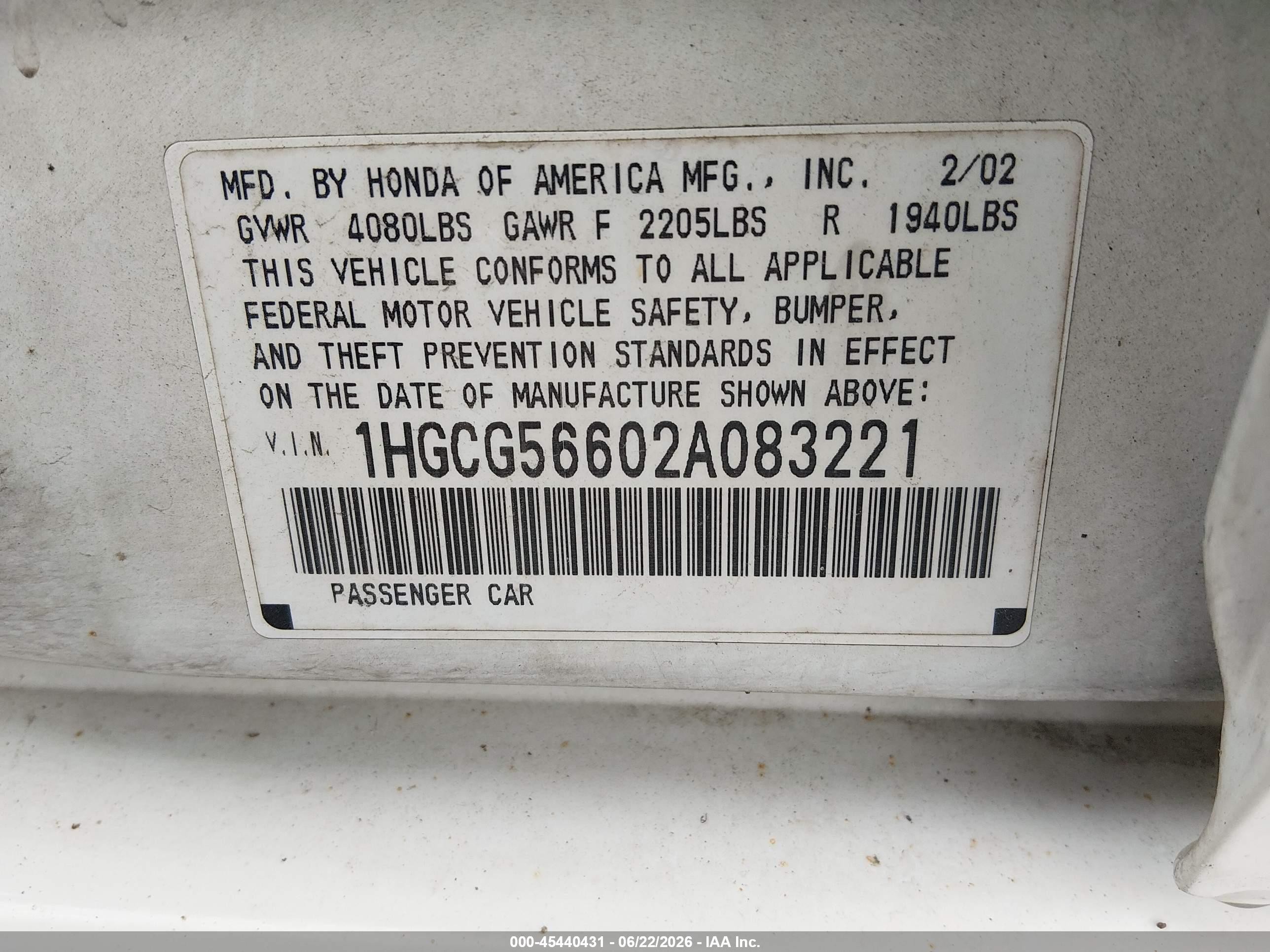 2002 Honda Accord 2.3 Ex Белый vin: 1HGCG56602A083221
