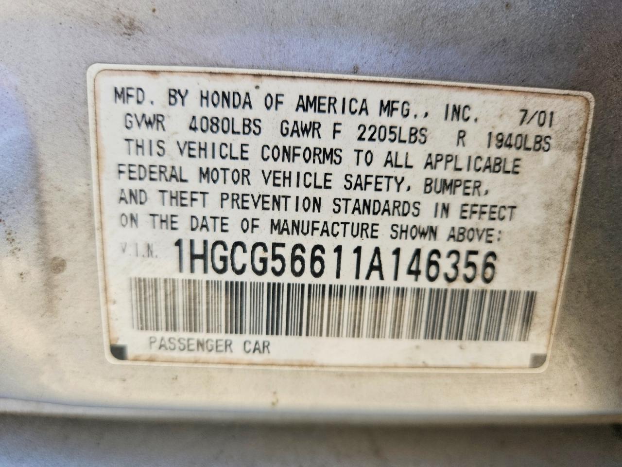 2001 Honda Accord Ex Silver vin: 1HGCG56611A146356